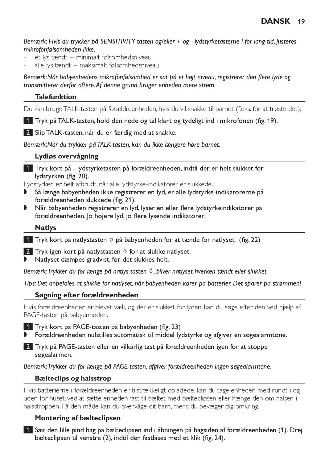 Philips SCD498 manual Talefunktion, Lydløs overvågning, Natlys, Søgning efter forældreenheden, Bælteclips og halsstrop 