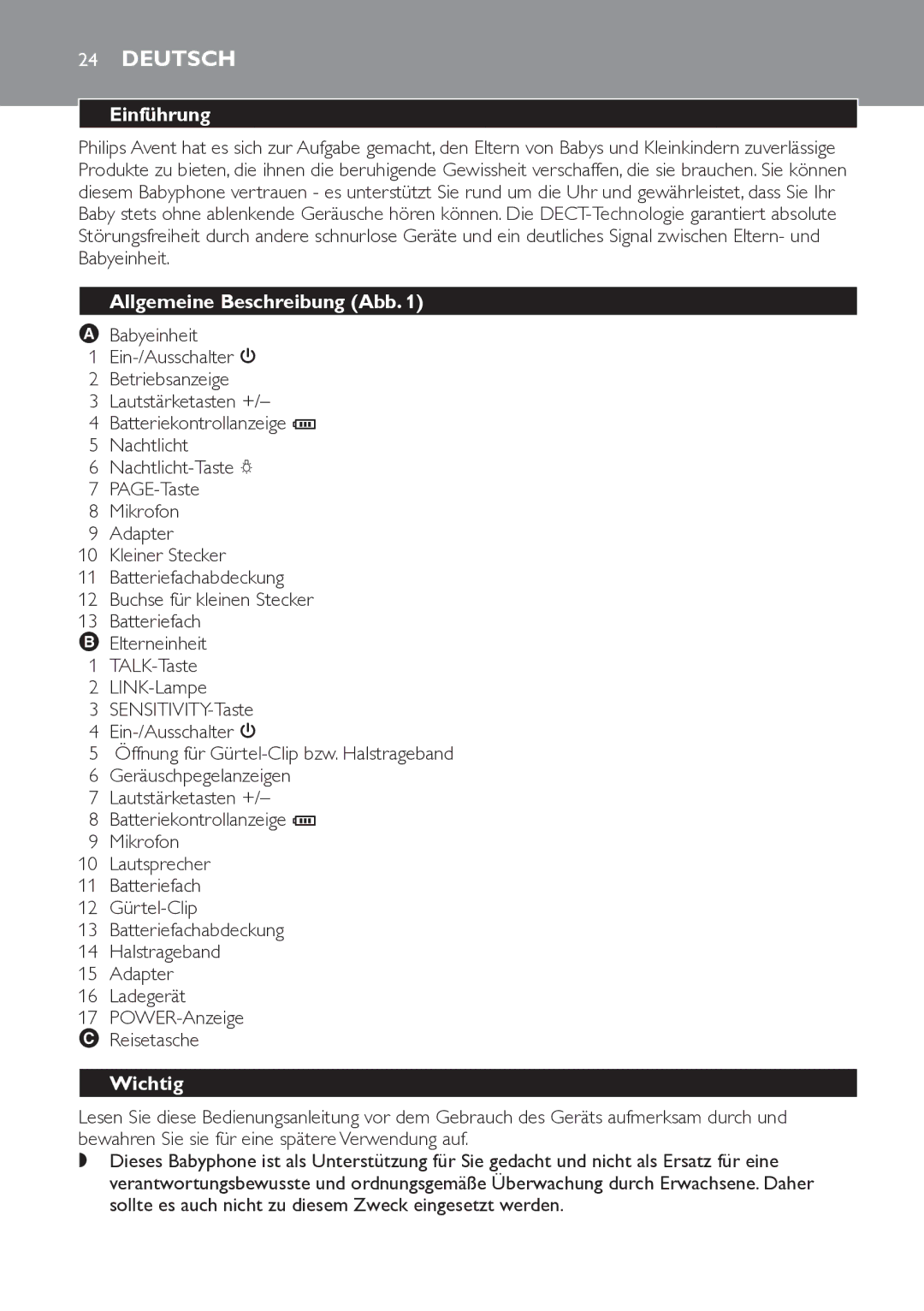 Philips SCD498 manual Deutsch, Einführung, Allgemeine Beschreibung Abb, Wichtig 