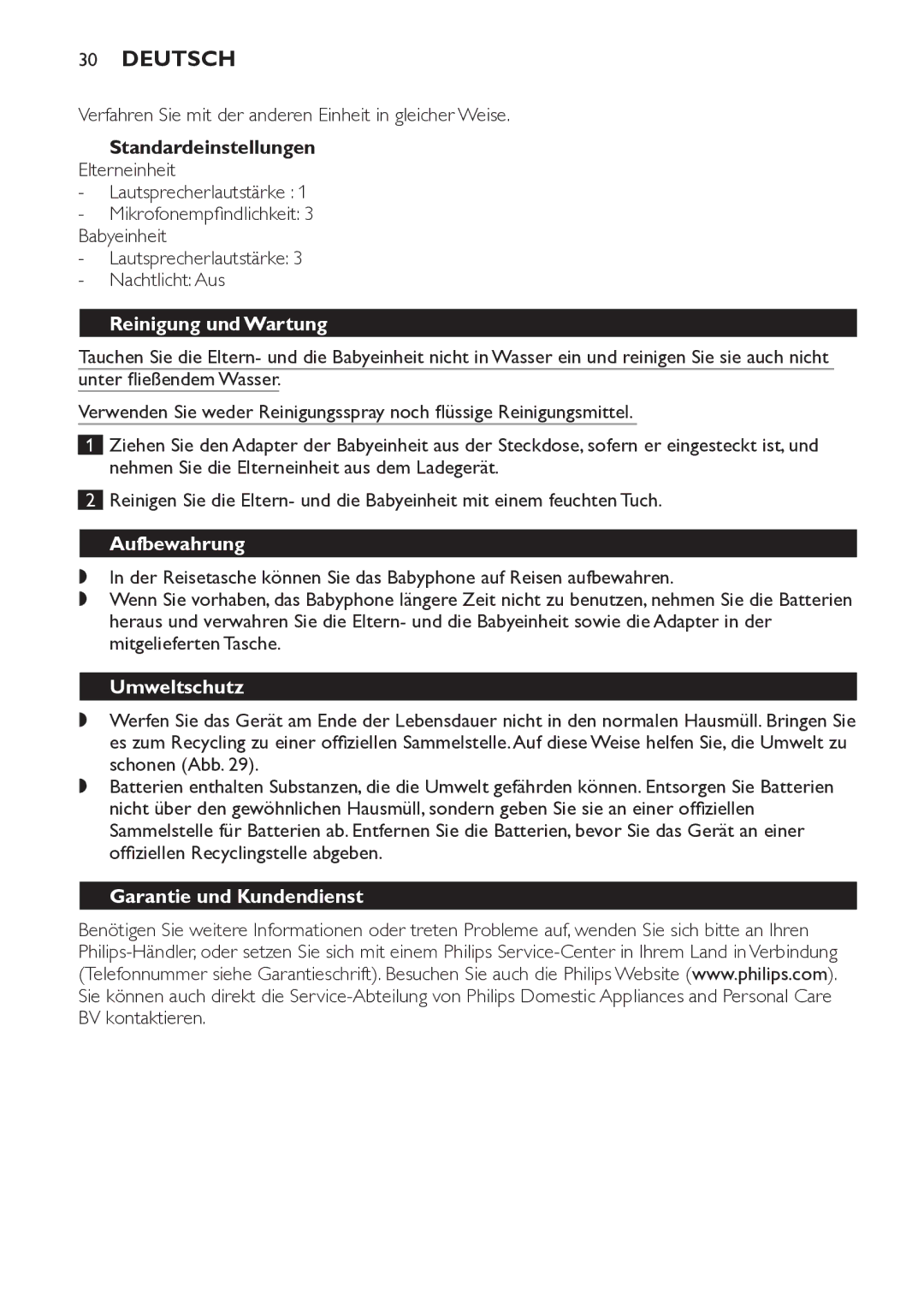 Philips SCD498 manual Standardeinstellungen, Reinigung und Wartung, Aufbewahrung, Umweltschutz, Garantie und Kundendienst 