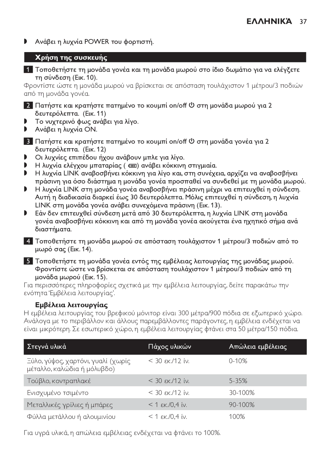 Philips SCD498 manual Χρήση της συσκευής, Εμβέλεια λειτουργίας, Στεγνά υλικά Πάχος υλικών Απώλεια εμβέλειας 