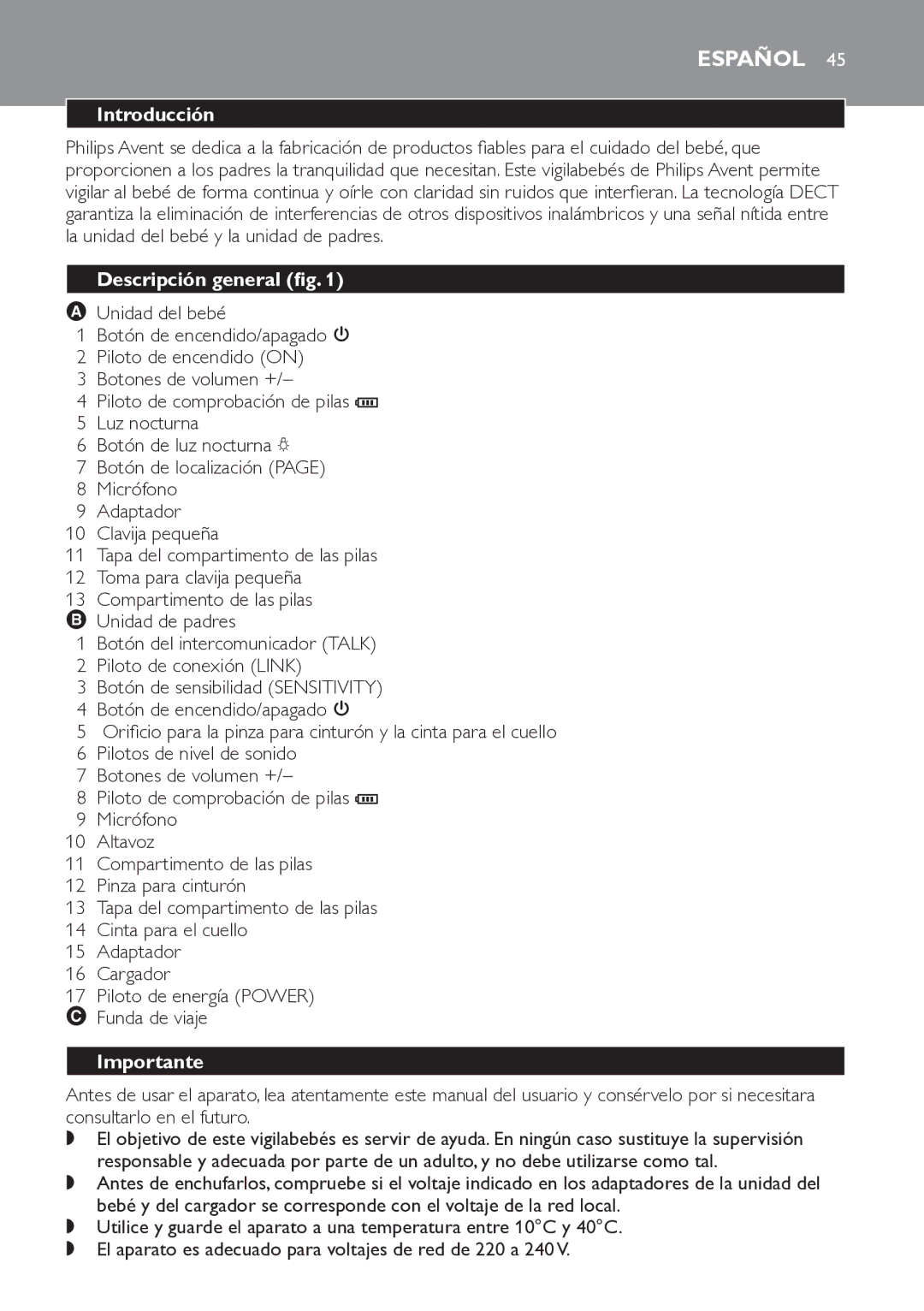 Philips SCD498 manual Español, Introducción, Descripción general fig, Importante 