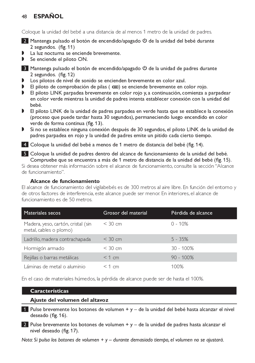 Philips SCD498 manual Alcance de funcionamiento, Materiales secos Grosor del material Pérdida de alcance, Características 