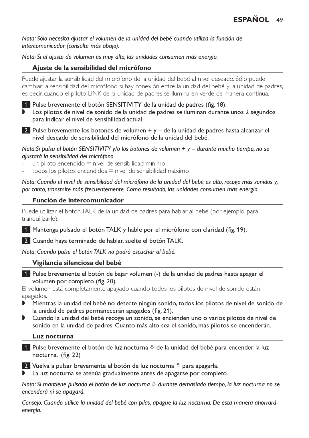 Philips SCD498 manual Ajuste de la sensibilidad del micrófono, Función de intercomunicador, Vigilancia silenciosa del bebé 