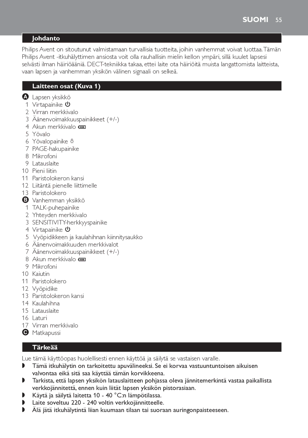 Philips SCD498 manual Suomi, Johdanto, Laitteen osat Kuva, Tärkeää 