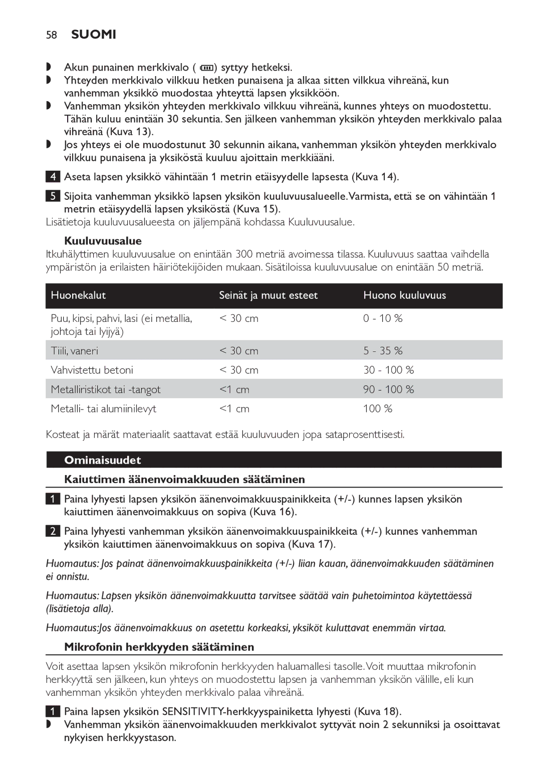 Philips SCD498 manual Kuuluvuusalue, Huonekalut Seinät ja muut esteet Huono kuuluvuus, Ominaisuudet 