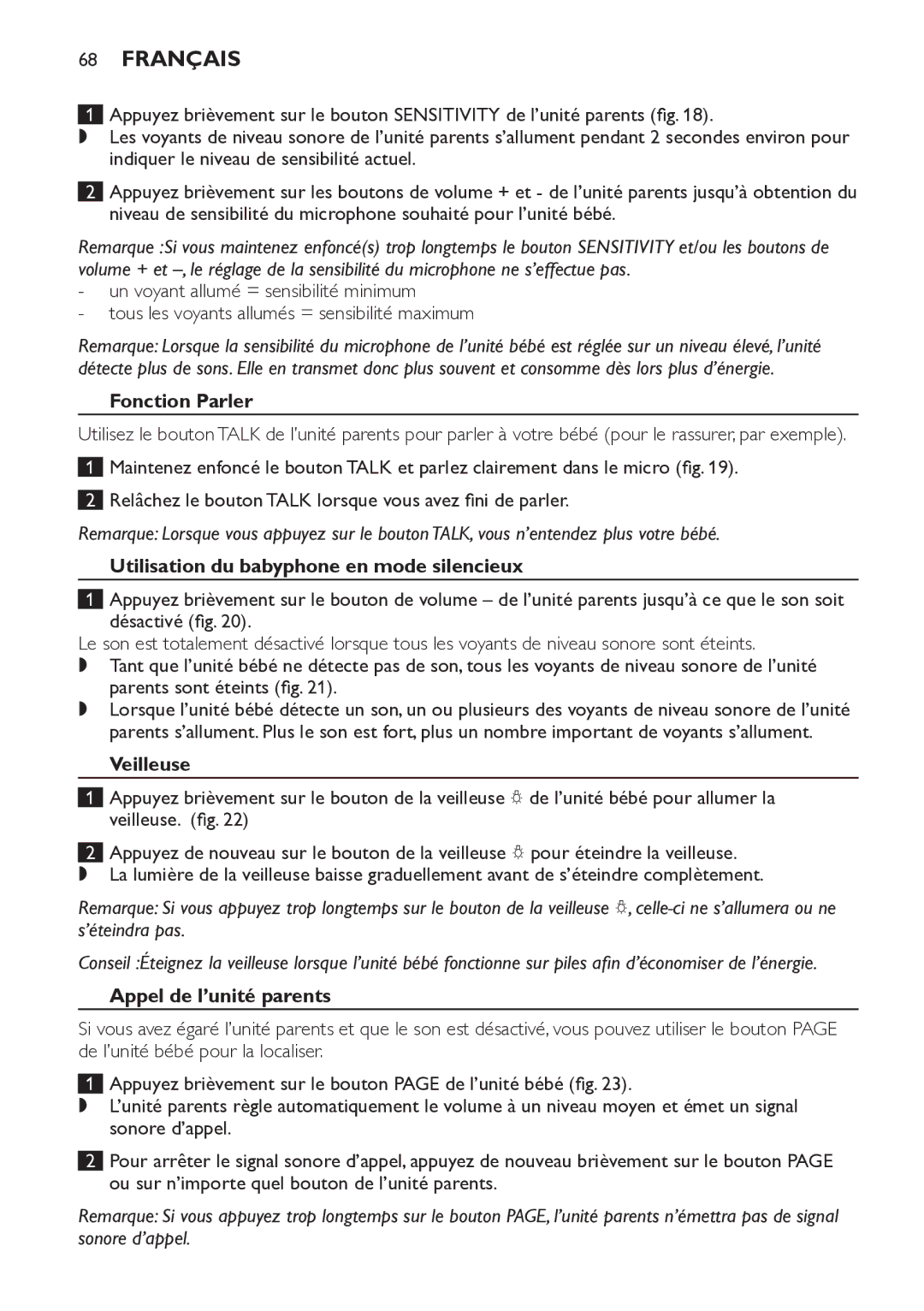 Philips SCD498 manual Fonction Parler, Utilisation du babyphone en mode silencieux, Veilleuse, Appel de l’unité parents 