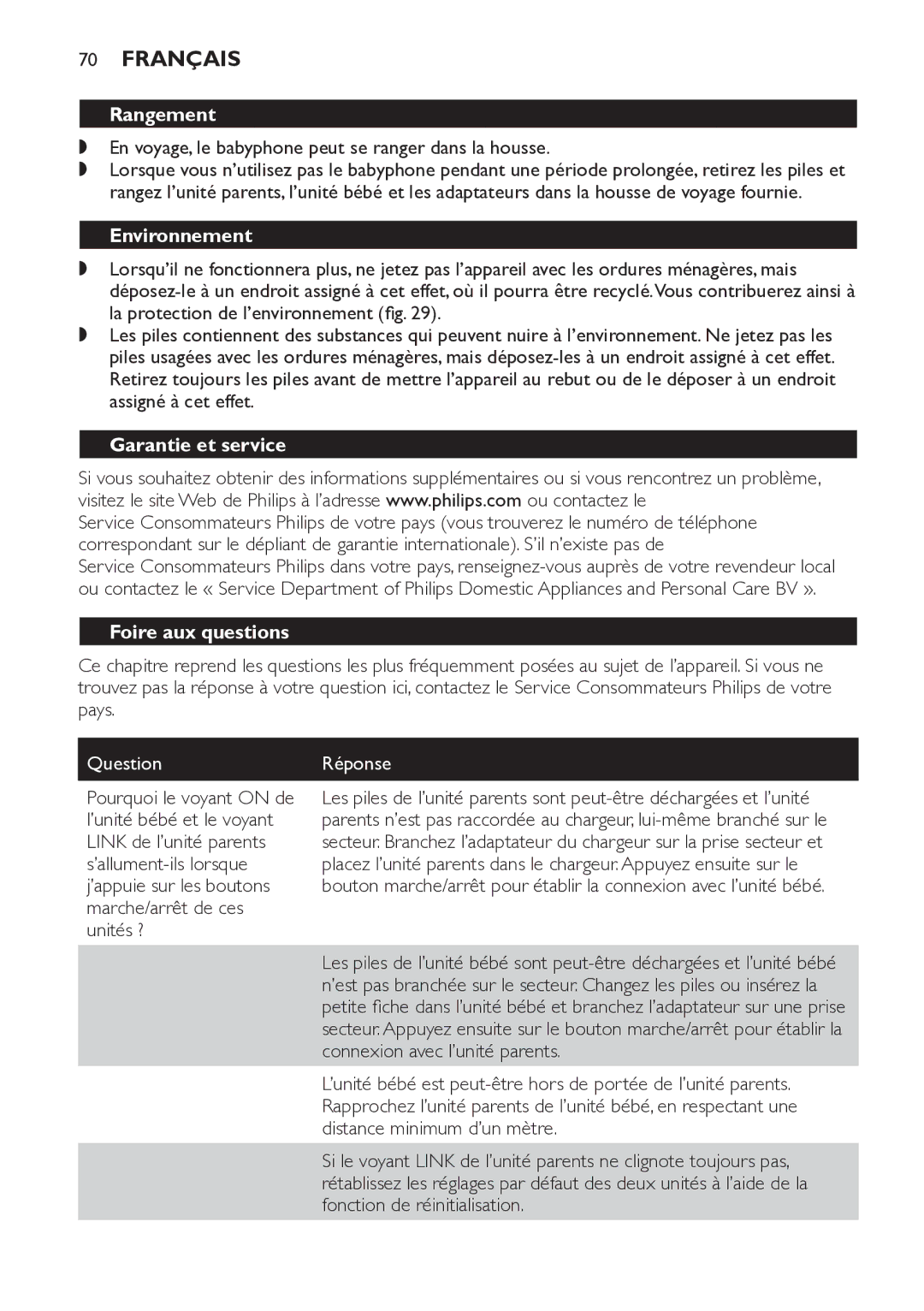 Philips SCD498 manual Rangement, Environnement, Garantie et service, Foire aux questions, Question Réponse 