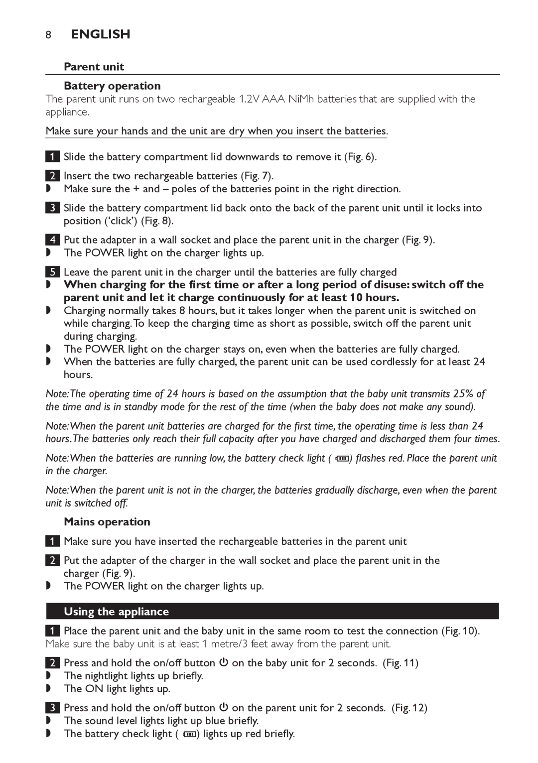 Philips SCD498 manual Parent unit Battery operation, Using the appliance 