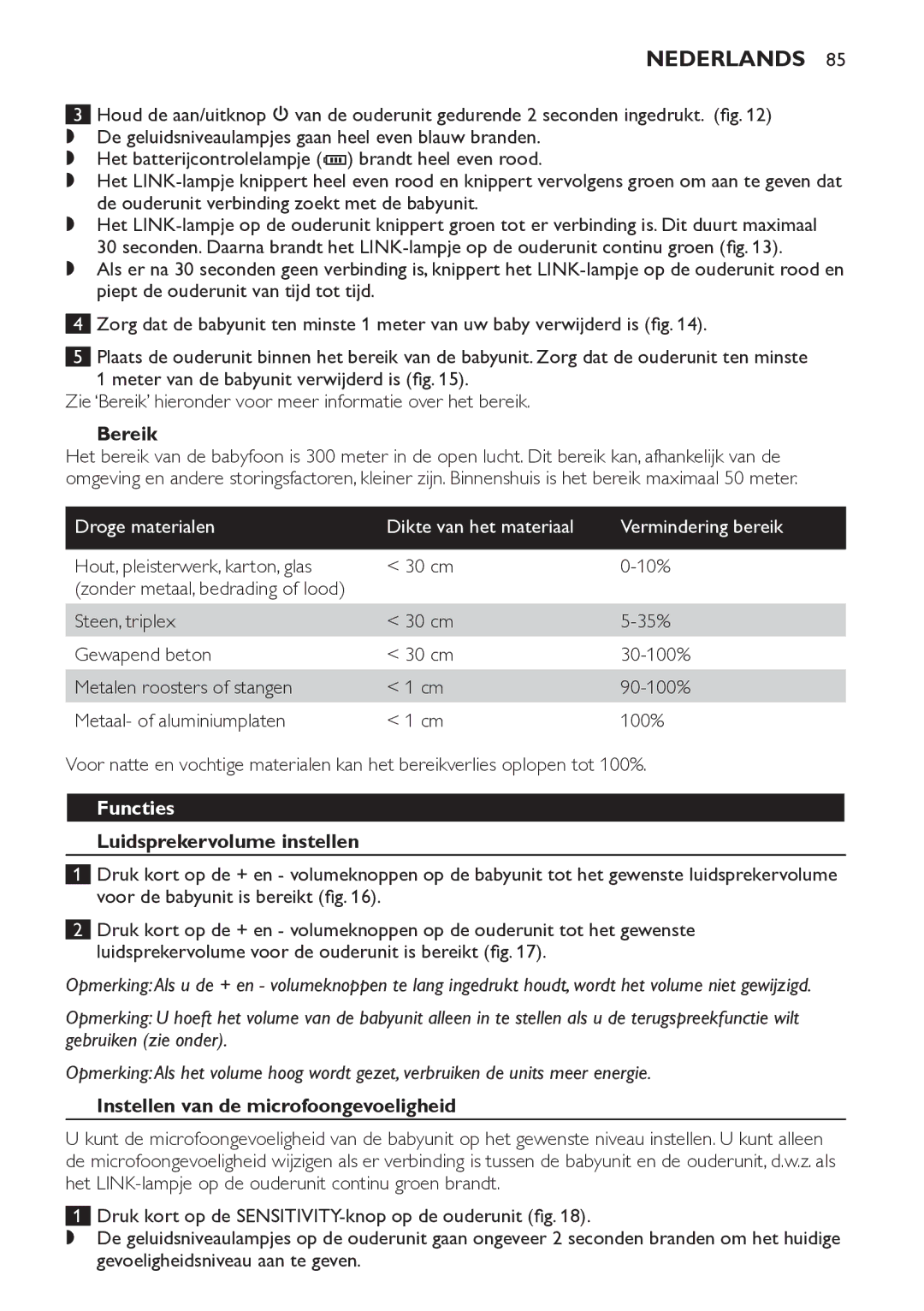 Philips SCD498 manual Bereik, Functies, Luidsprekervolume instellen, Instellen van de microfoongevoeligheid 