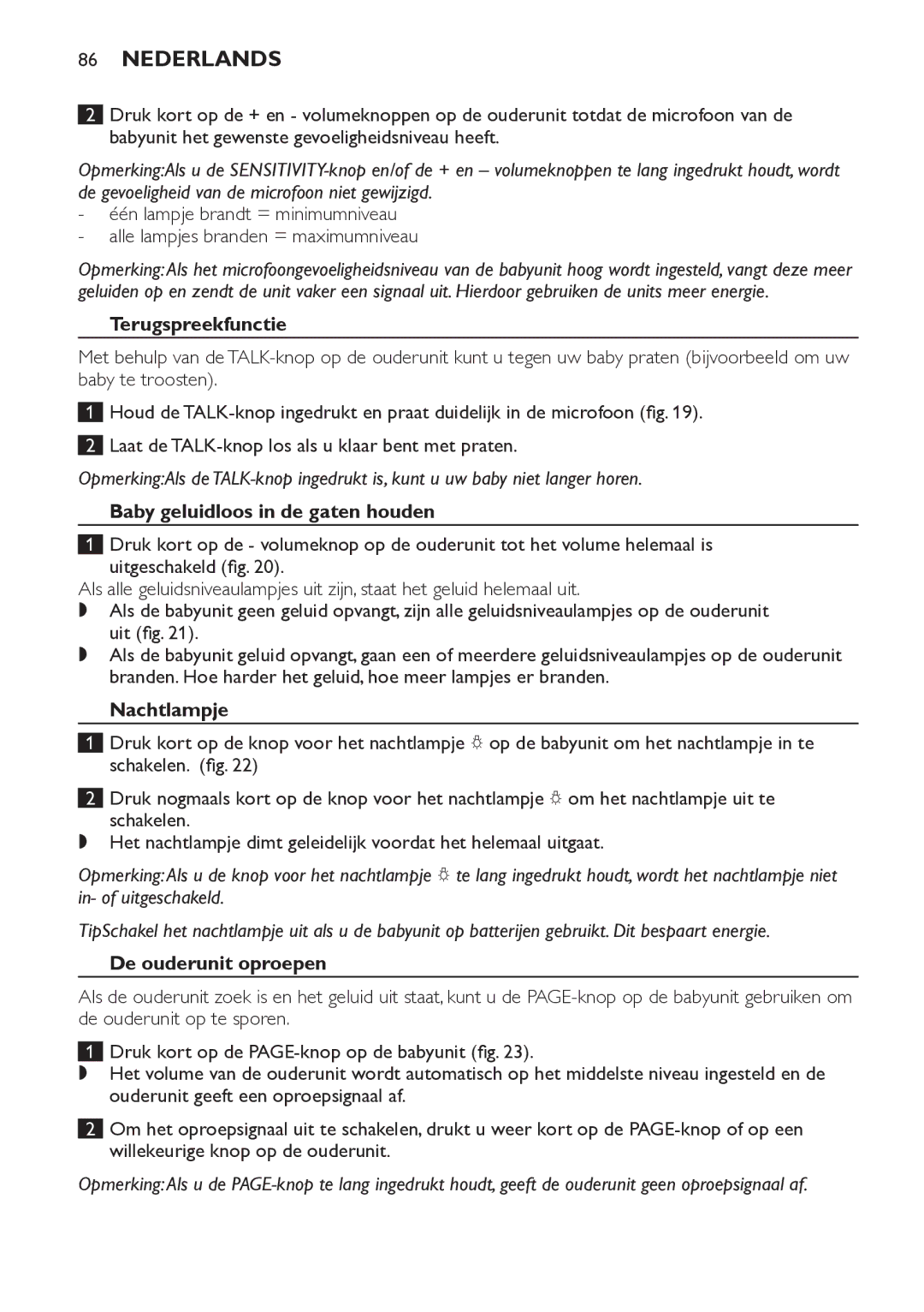 Philips SCD498 manual Terugspreekfunctie, Baby geluidloos in de gaten houden, Nachtlampje, De ouderunit oproepen 