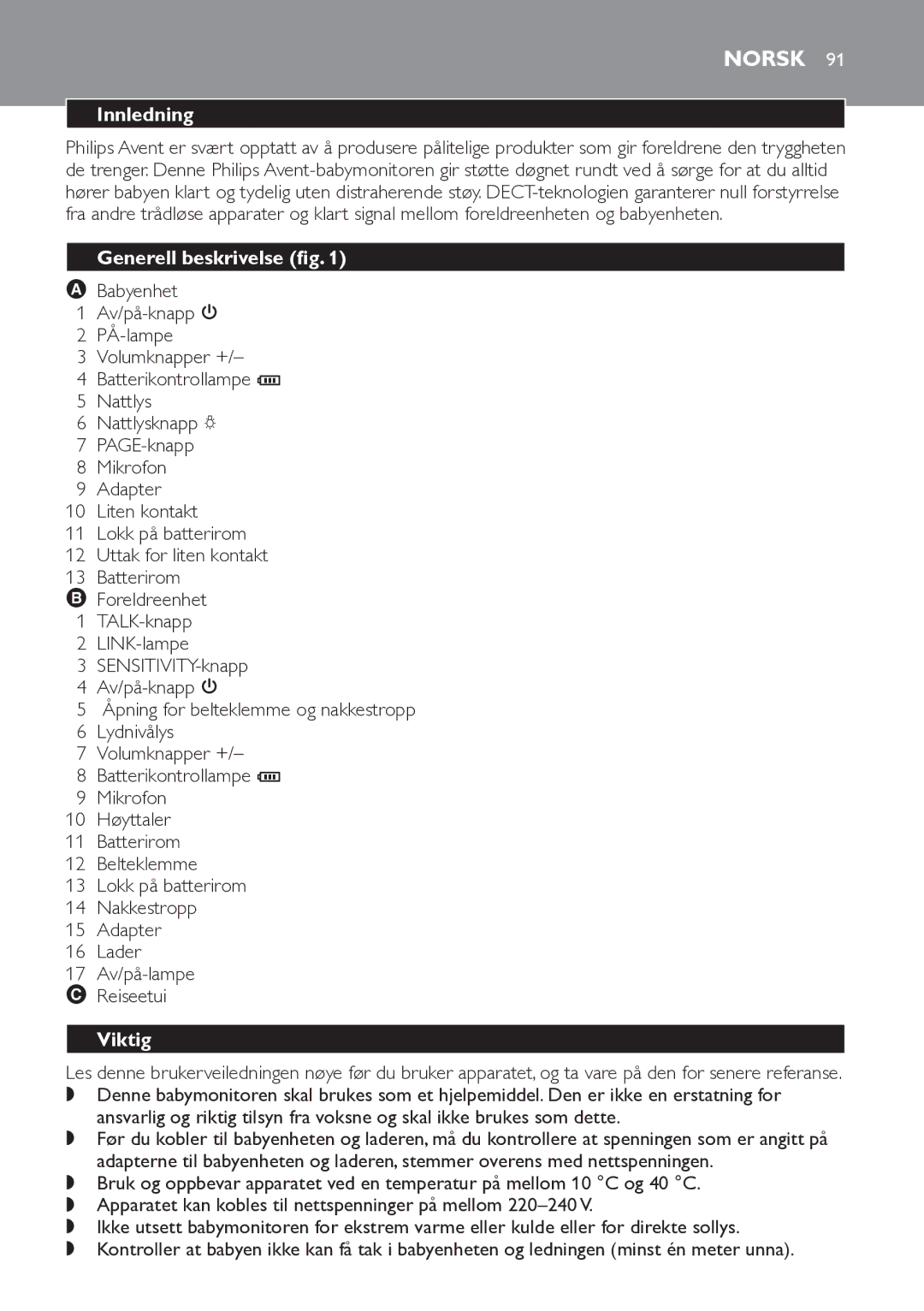 Philips SCD498 manual Norsk, Innledning, Generell beskrivelse fig, Viktig 