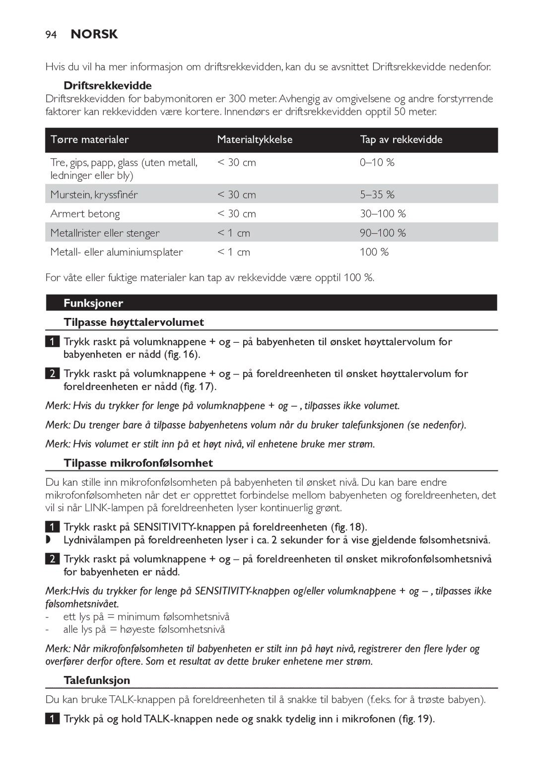 Philips SCD498 manual Driftsrekkevidde, Funksjoner, Tilpasse høyttalervolumet, Tilpasse mikrofonfølsomhet, Talefunksjon 