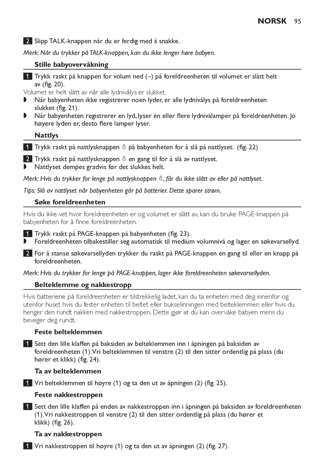 Philips SCD498 manual Stille babyovervåkning, Nattlys, Søke foreldreenheten, Belteklemme og nakkestropp, Feste belteklemmen 