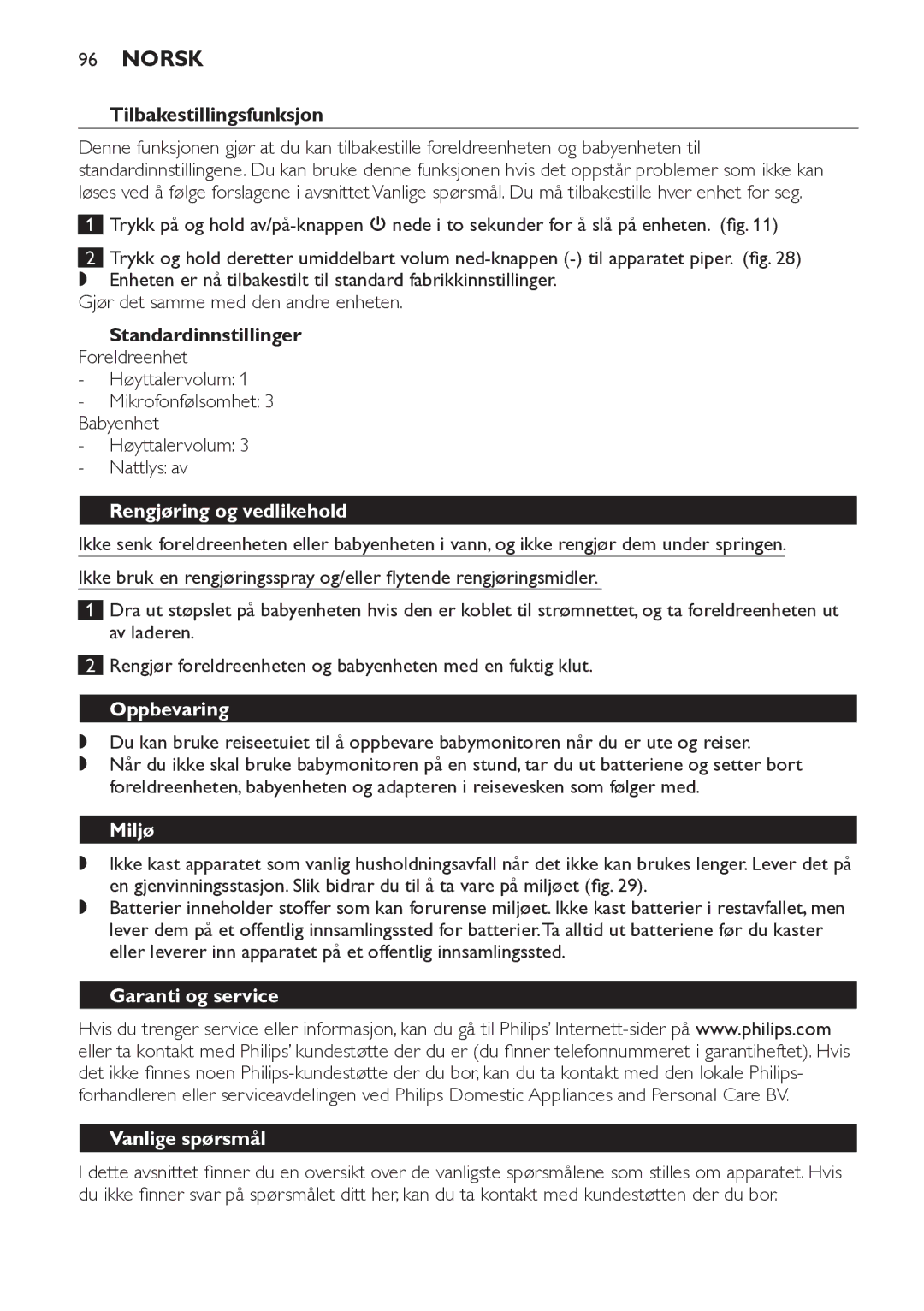 Philips SCD498 manual Rengjøring og vedlikehold, Oppbevaring, Miljø, Garanti og service, Vanlige spørsmål 