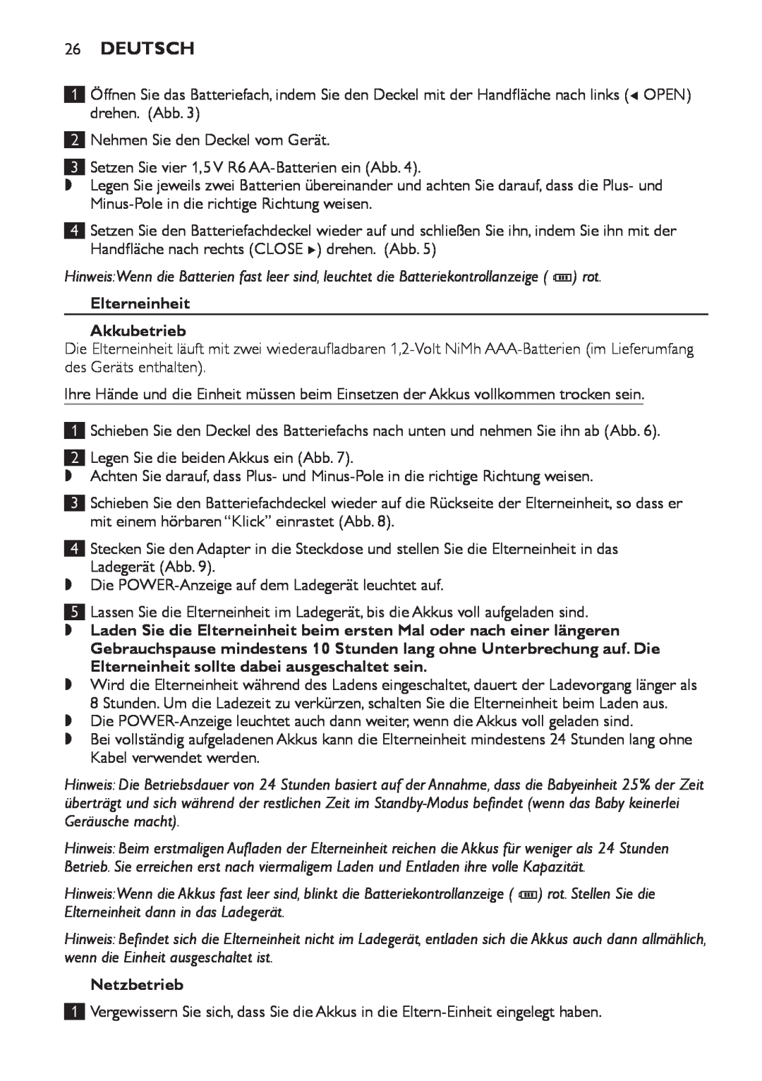 Philips SCD498 manual Deutsch, Elterneinheit Akkubetrieb, Netzbetrieb 