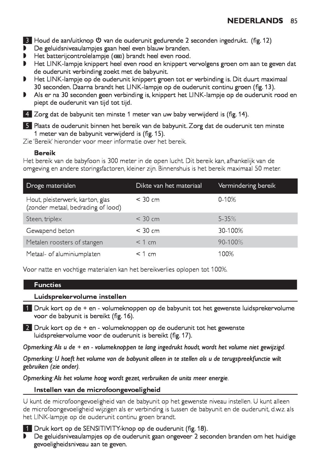 Philips SCD498 manual Bereik, Droge materialen, Dikte van het materiaal, Vermindering bereik, Functies, Nederlands 