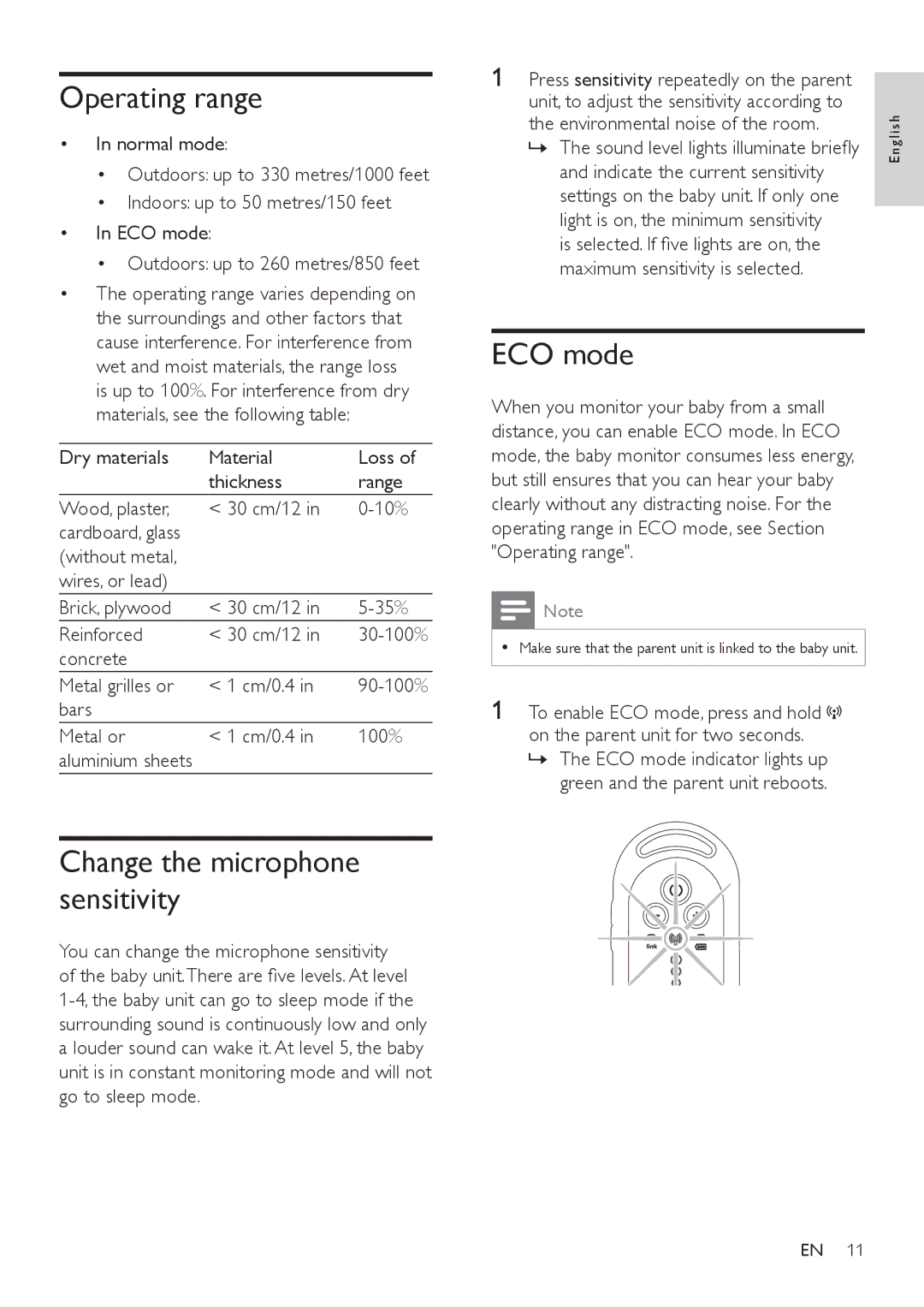 Philips SCD505 user manual Operating range, Change the microphone sensitivity, ECO mode 