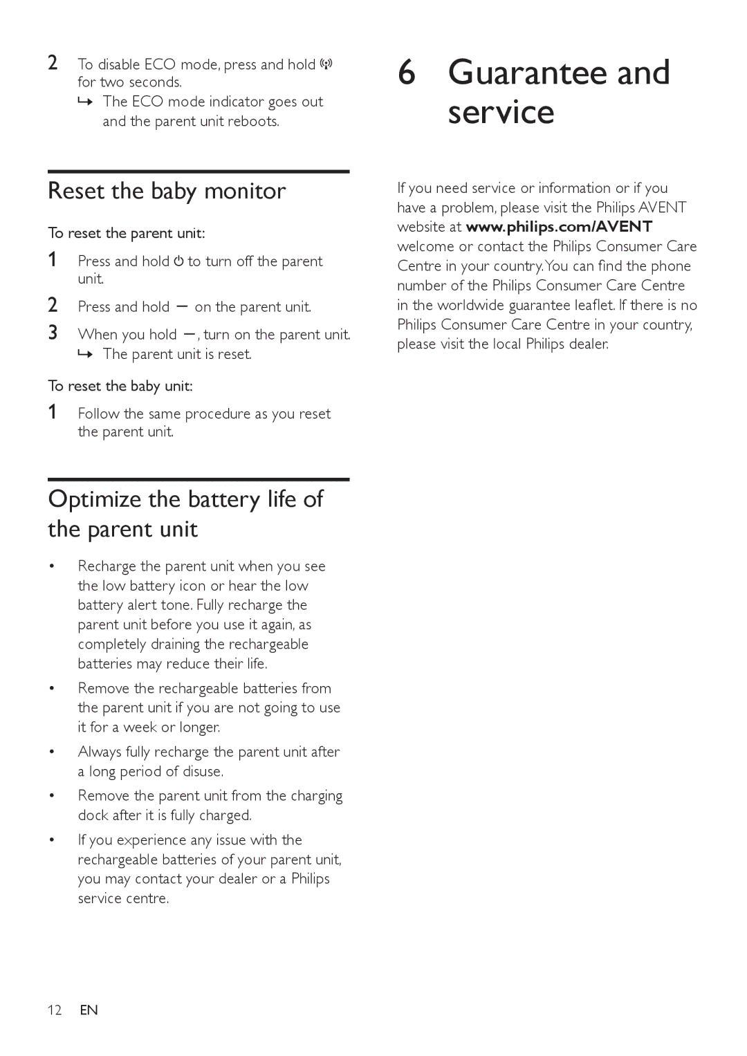 Philips SCD505 user manual Guarantee and service, Reset the baby monitor, Optimize the battery life of the parent unit 