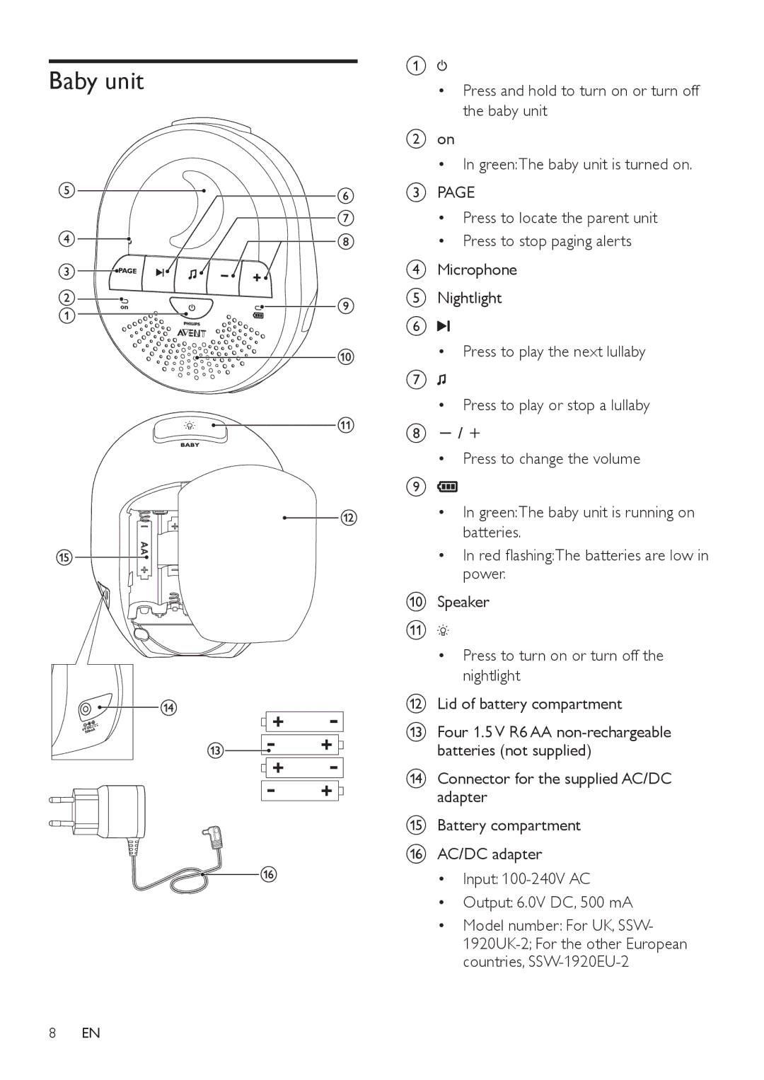 Philips SCD505 user manual Baby unit 