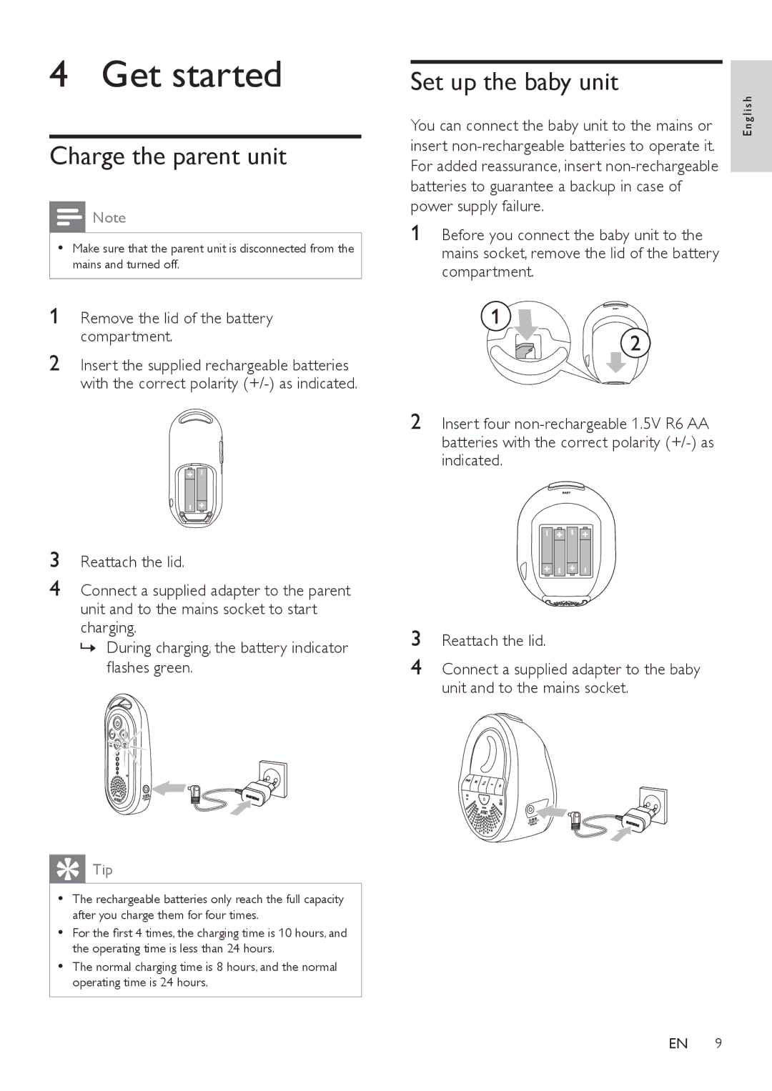 Philips SCD505 Get started, Charge the parent unit, Set up the baby unit, Remove the lid of the battery compartment, Tip 