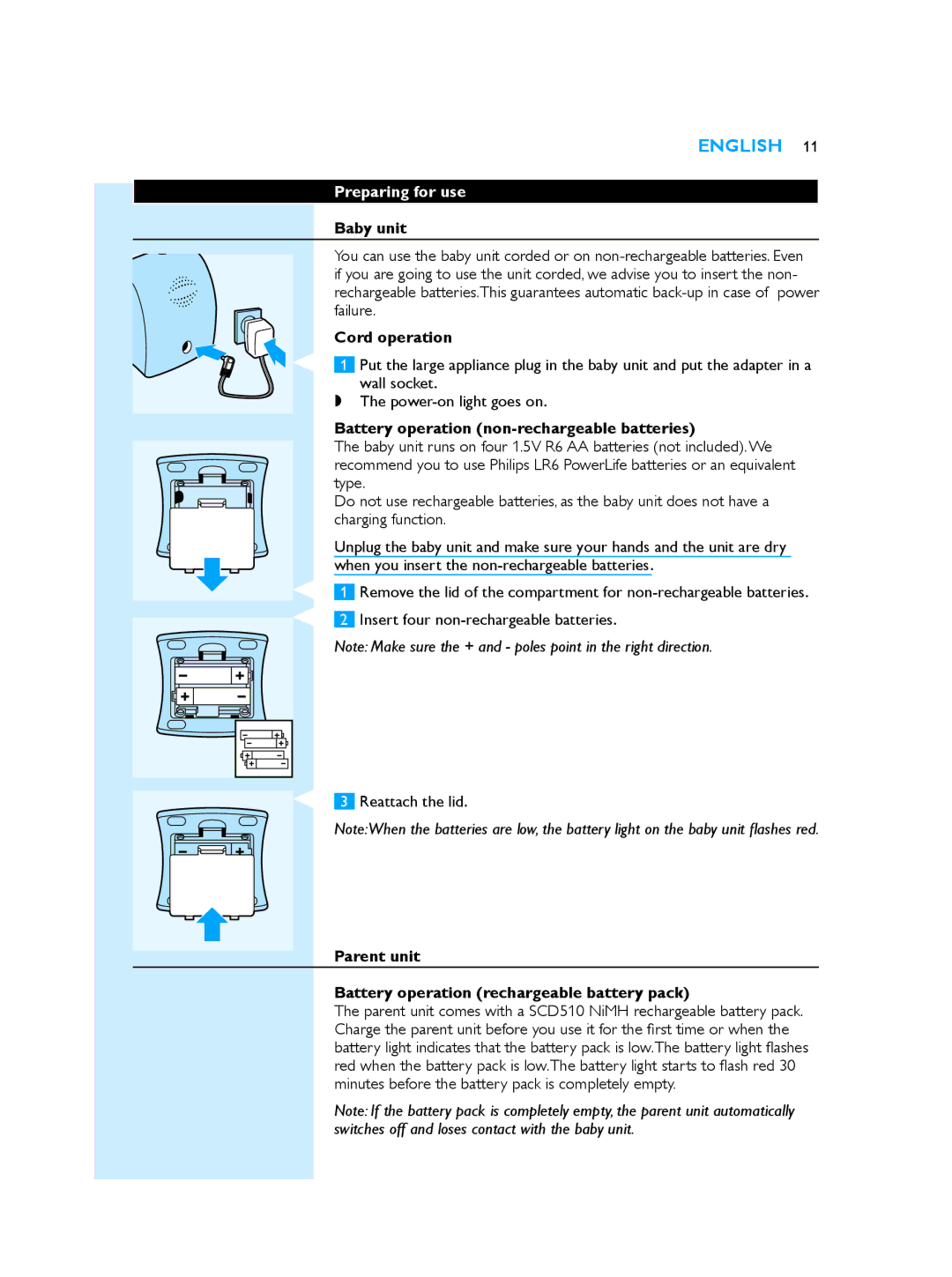 Philips SCD510/00 manual Preparing for use, Cord operation, Battery operation non-rechargeable batteries 