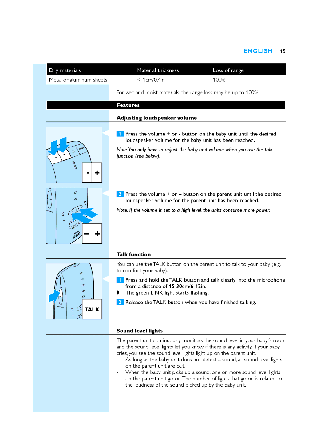 Philips SCD510/00 manual Features, Adjusting loudspeaker volume, Talk function, Sound level lights 