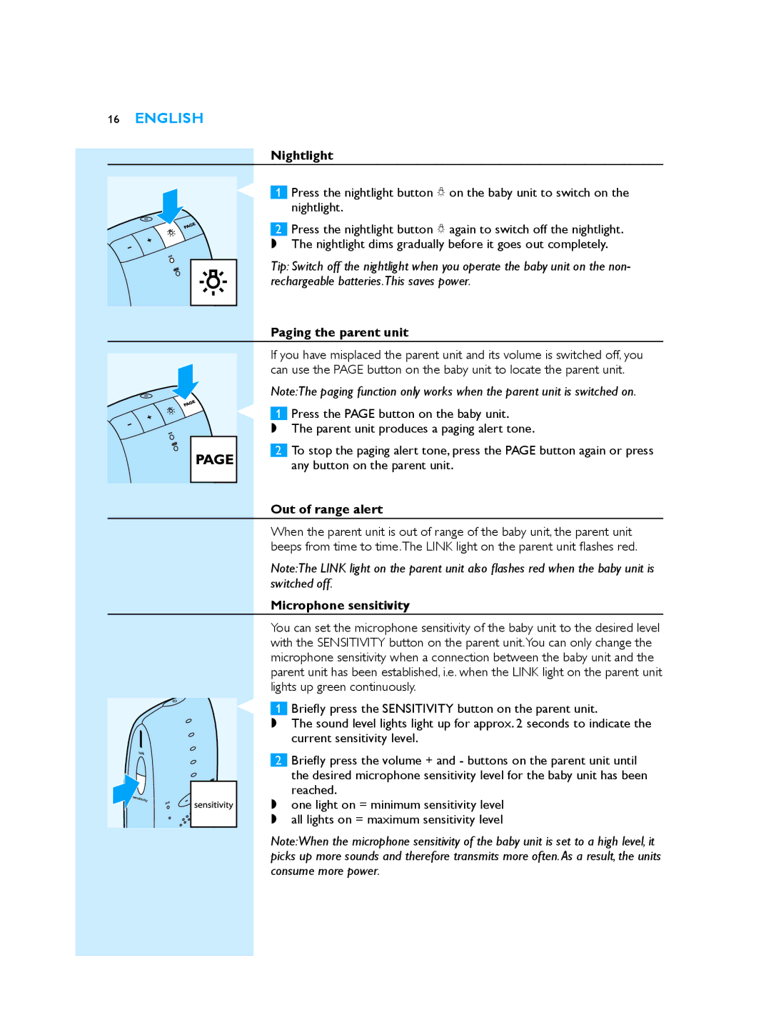 Philips SCD510/00 manual Nightlight, Paging the parent unit, Out of range alert, Microphone sensitivity 