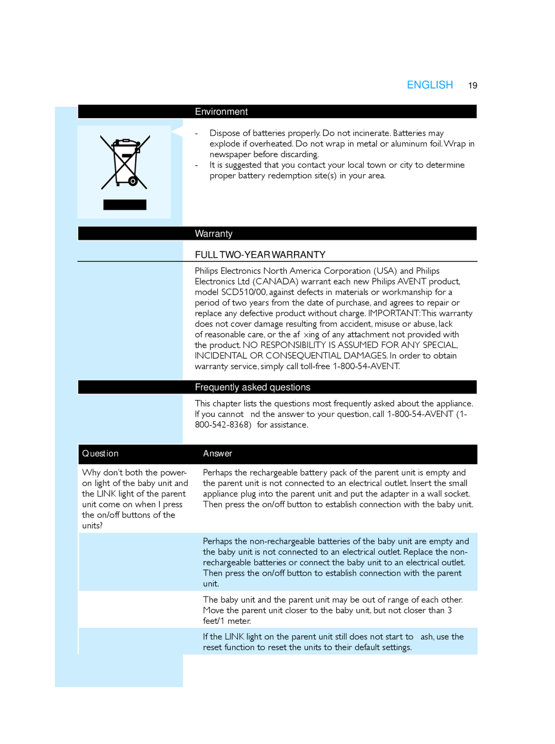 Philips SCD510/00 manual Environment, Warranty, Frequently asked questions, Question Answer 