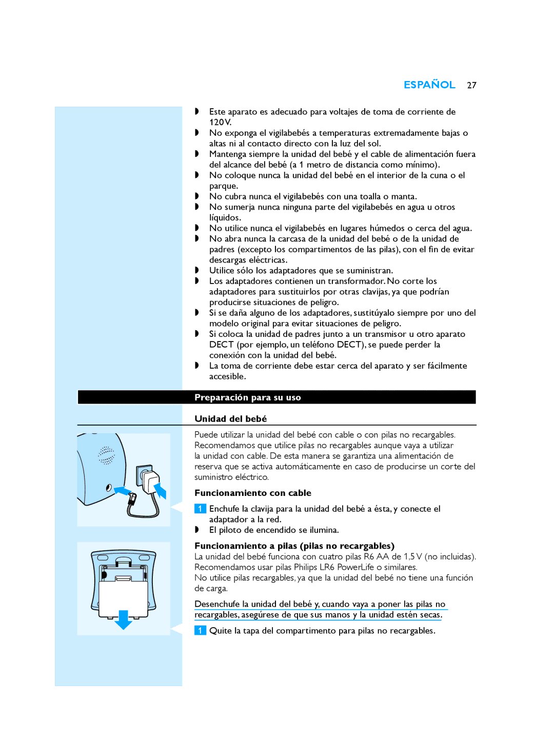 Philips SCD510/00 manual Preparación para su uso, Funcionamiento con cable, Funcionamiento a pilas pilas no recargables 