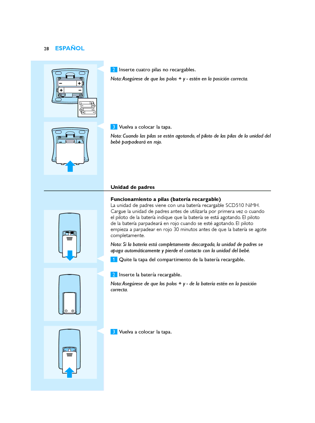 Philips SCD510/00 manual Inserte cuatro pilas no recargables, Vuelva a colocar la tapa 