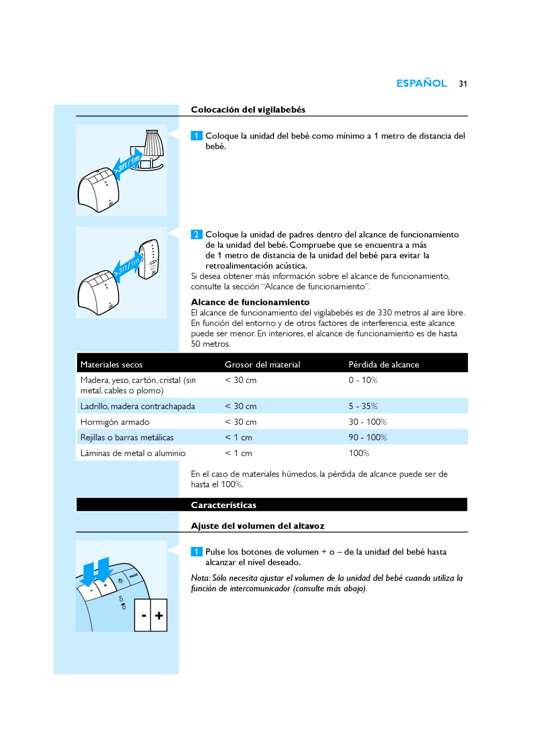 Philips SCD510/00 Colocación del vigilabebés, Alcance de funcionamiento, Características, Ajuste del volumen del altavoz 