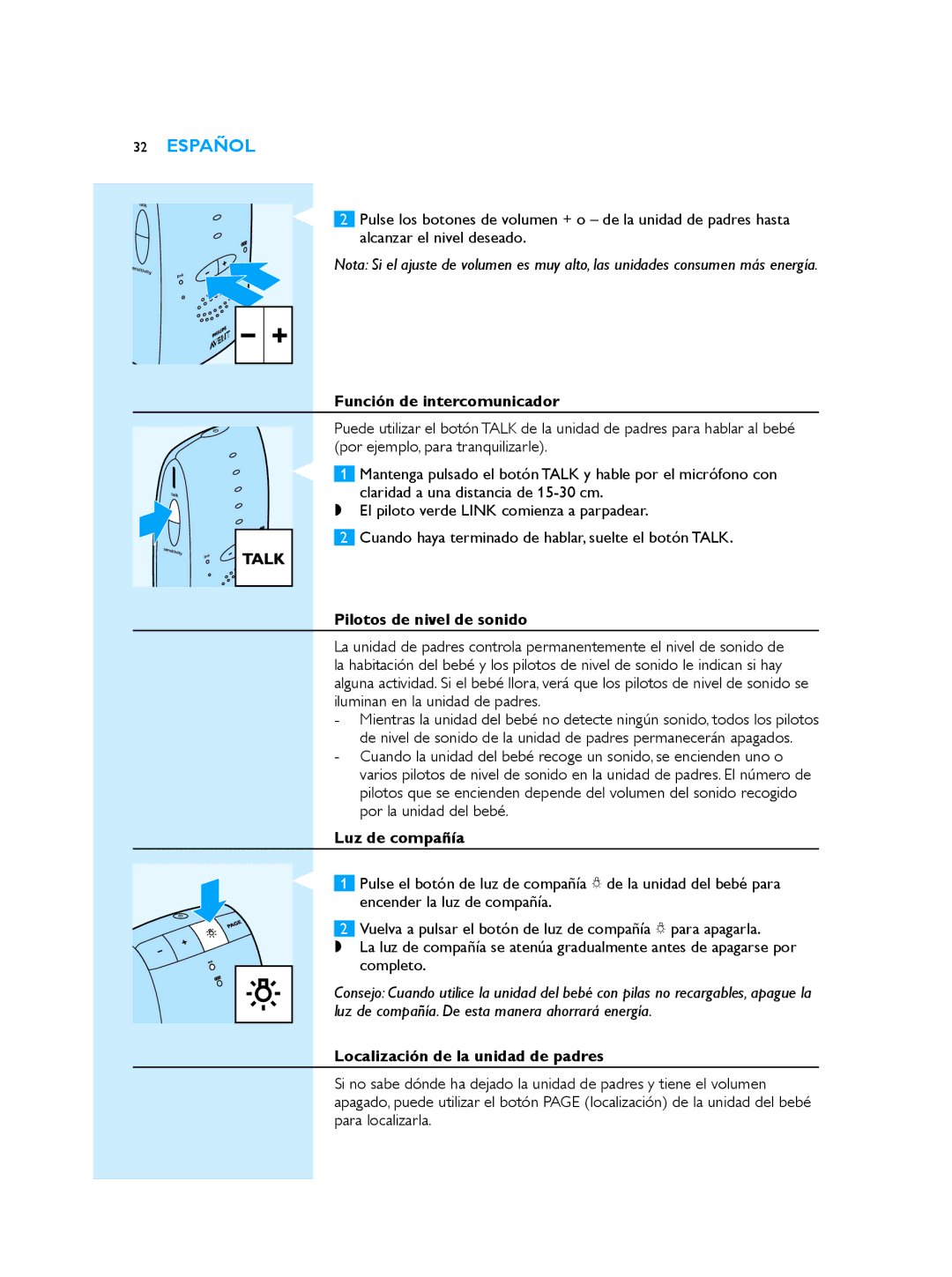 Philips SCD510/00 manual Función de intercomunicador, Pilotos de nivel de sonido, Luz de compañía 