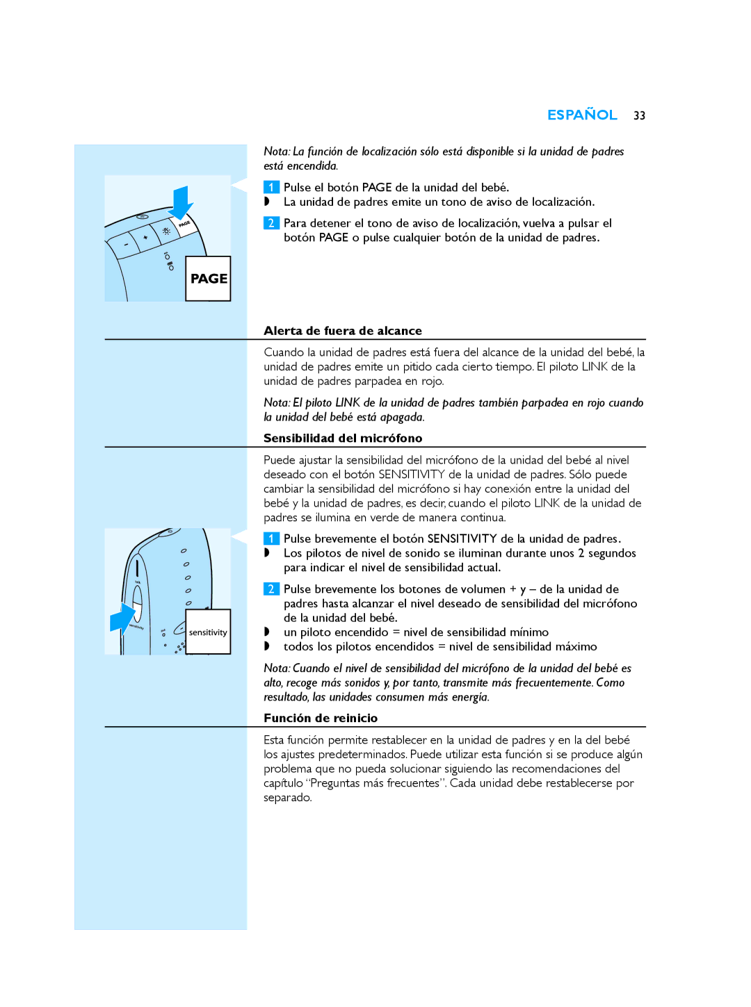 Philips SCD510/00 manual Alerta de fuera de alcance, Sensibilidad del micrófono, Función de reinicio 