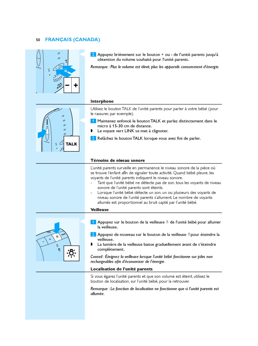 Philips SCD510/00 manual Obtention du volume souhaité pour l’unité parents, Interphone, Témoins de niveau sonore, Veilleuse 