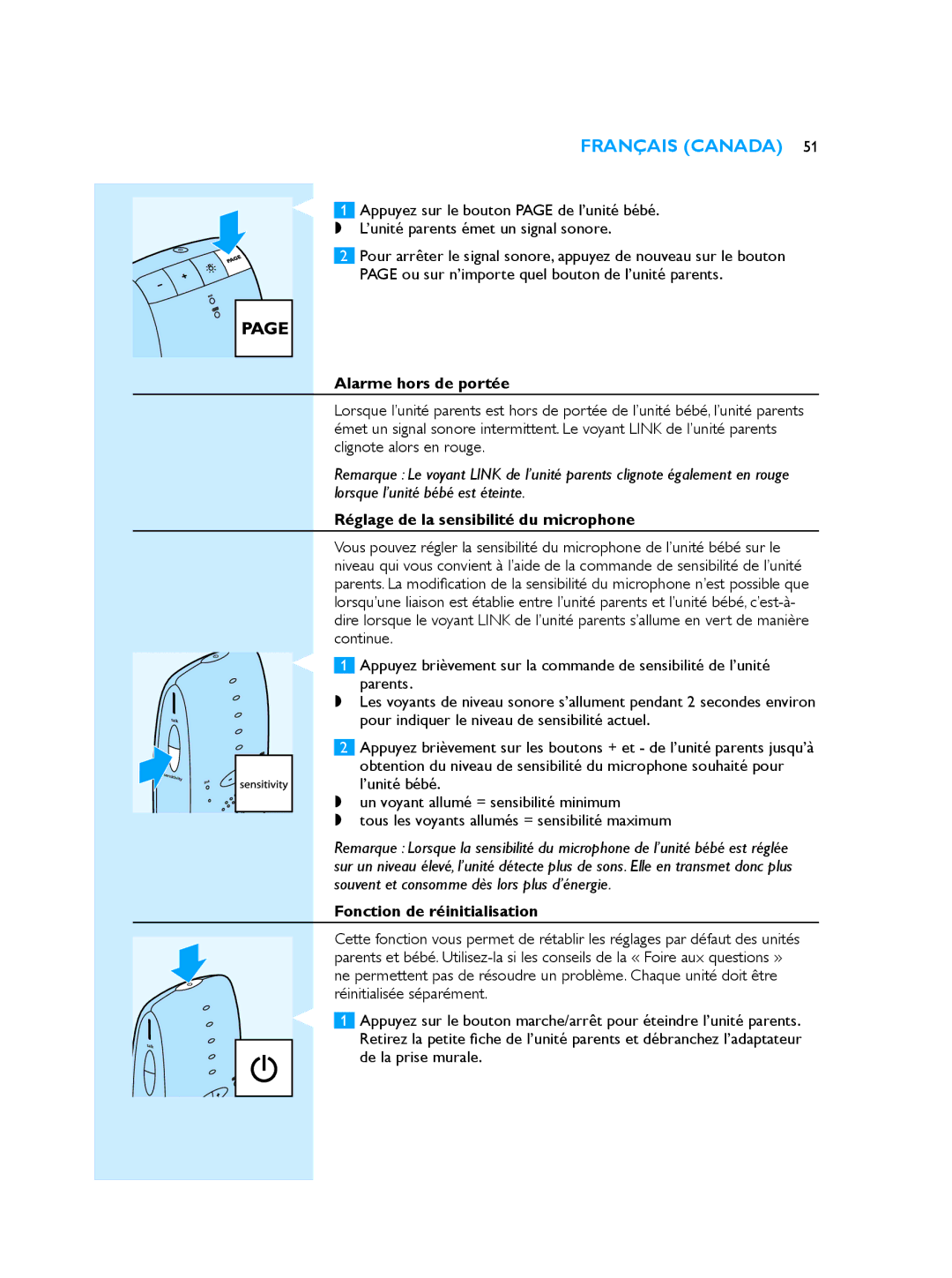 Philips SCD510/00 manual Alarme hors de portée, Réglage de la sensibilité du microphone, Fonction de réinitialisation 