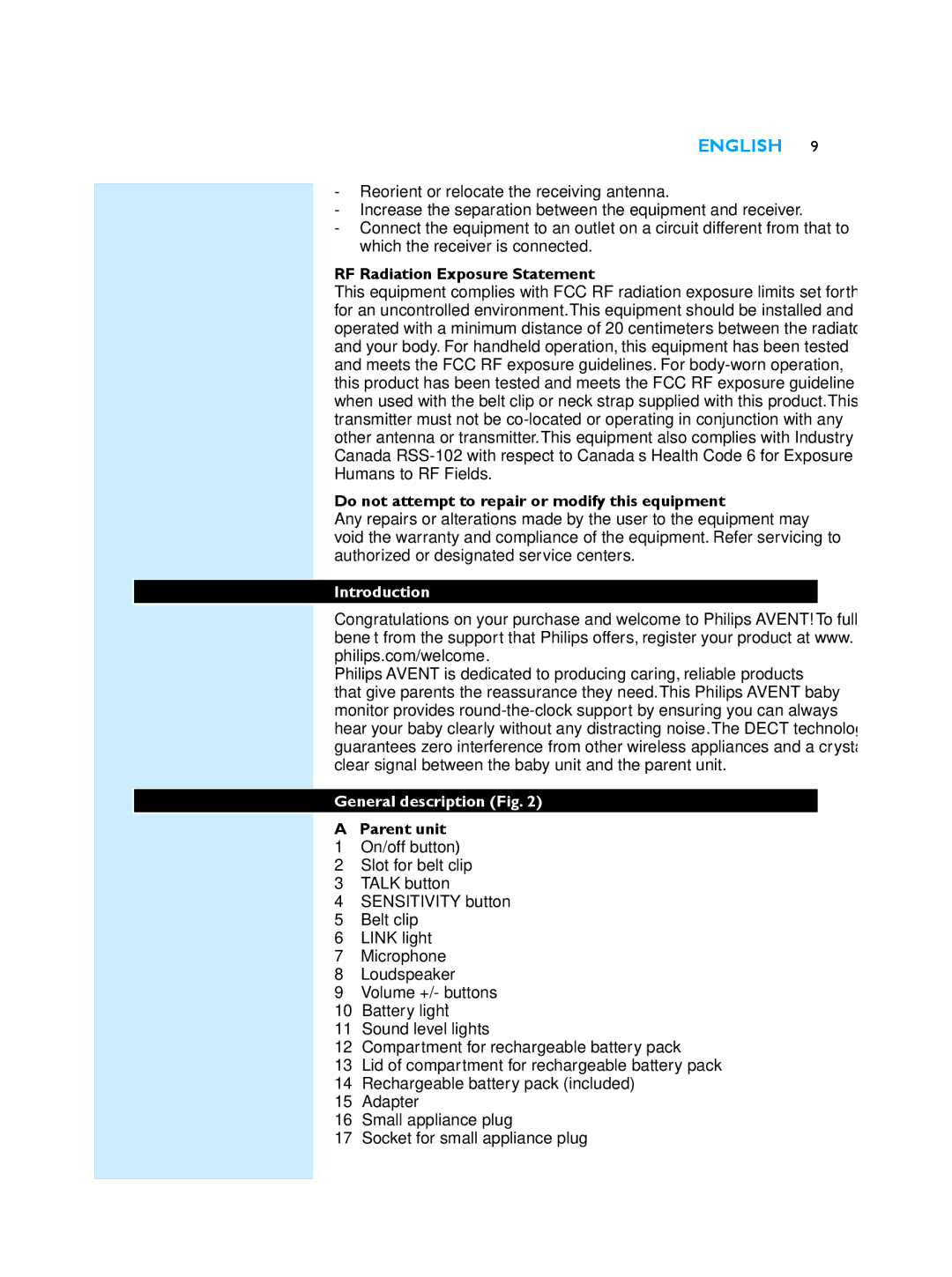 Philips SCD510/00 manual RF Radiation Exposure Statement, Do not attempt to repair or modify this equipment, Introduction 