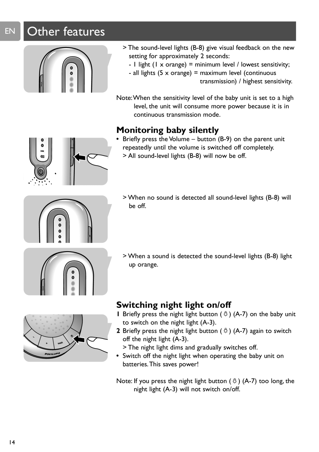 Philips SCD588/54 user manual EN Other features, Monitoring baby silently, Switching night light on/off 