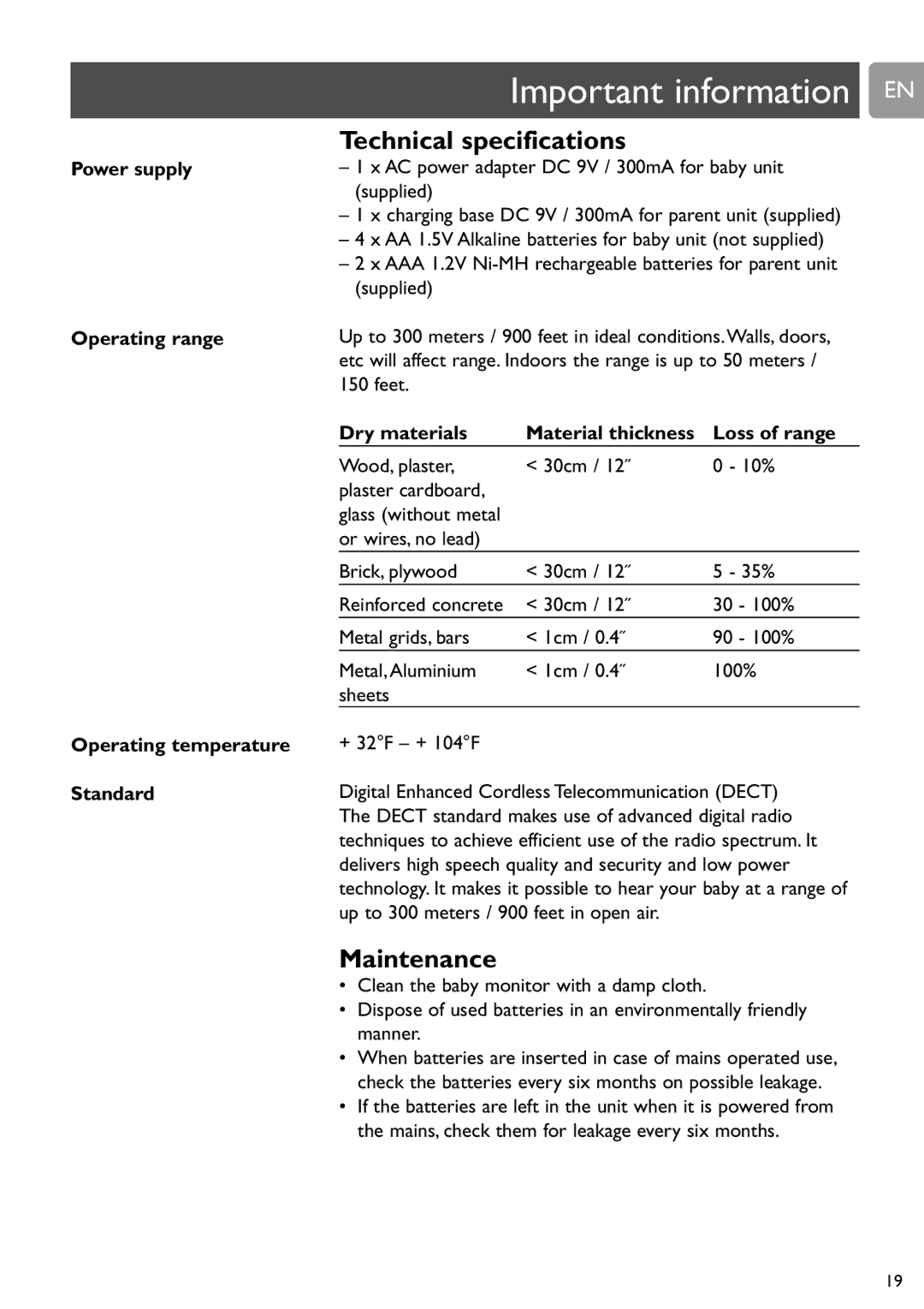 Philips SCD588/54 user manual Important information EN, Technical specifications, Maintenance 