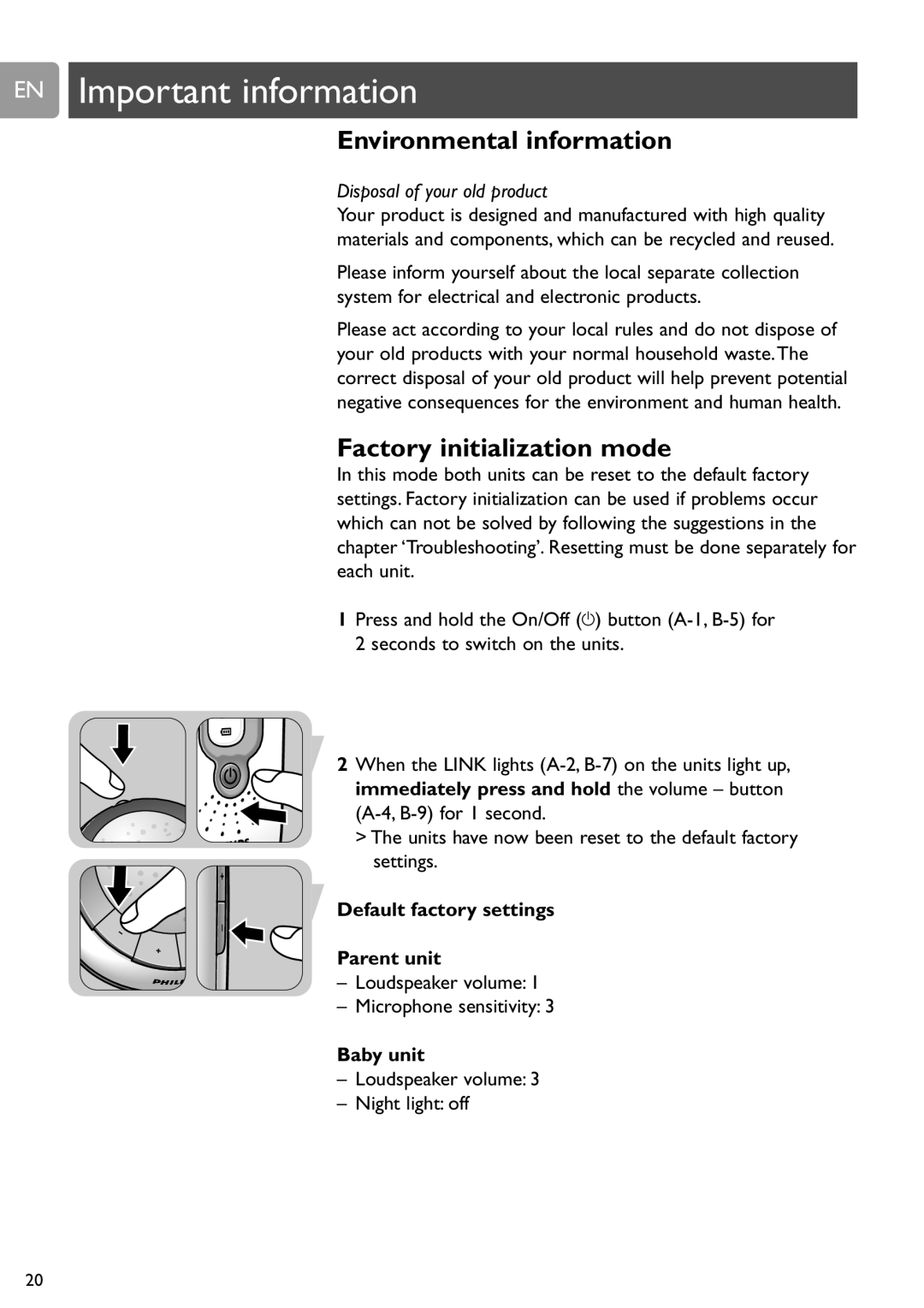 Philips SCD588/54 user manual EN Important information, Environmental information, Factory initialization mode, Baby unit 