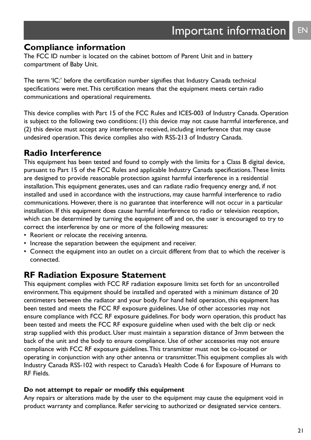 Philips SCD588/54 user manual Compliance information, Radio Interference, RF Radiation Exposure Statement 