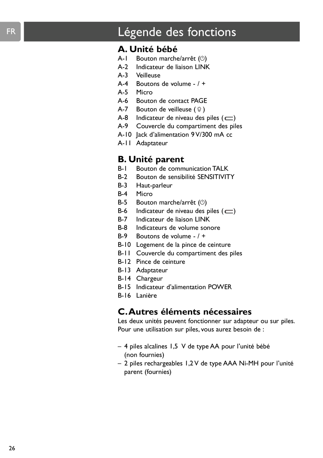 Philips SCD588/54 user manual Légende des fonctions, Unité bébé, Unité parent, Autres éléments nécessaires 