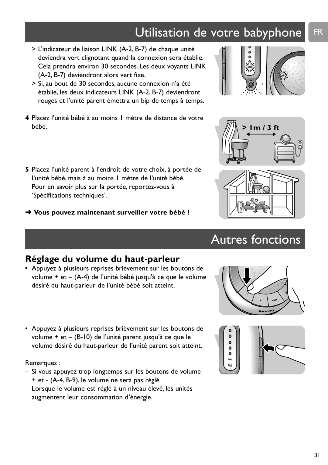 Philips SCD588/54 user manual Utilisation de votre babyphone FR, Autres fonctions, Réglage du volume du haut-parleur 