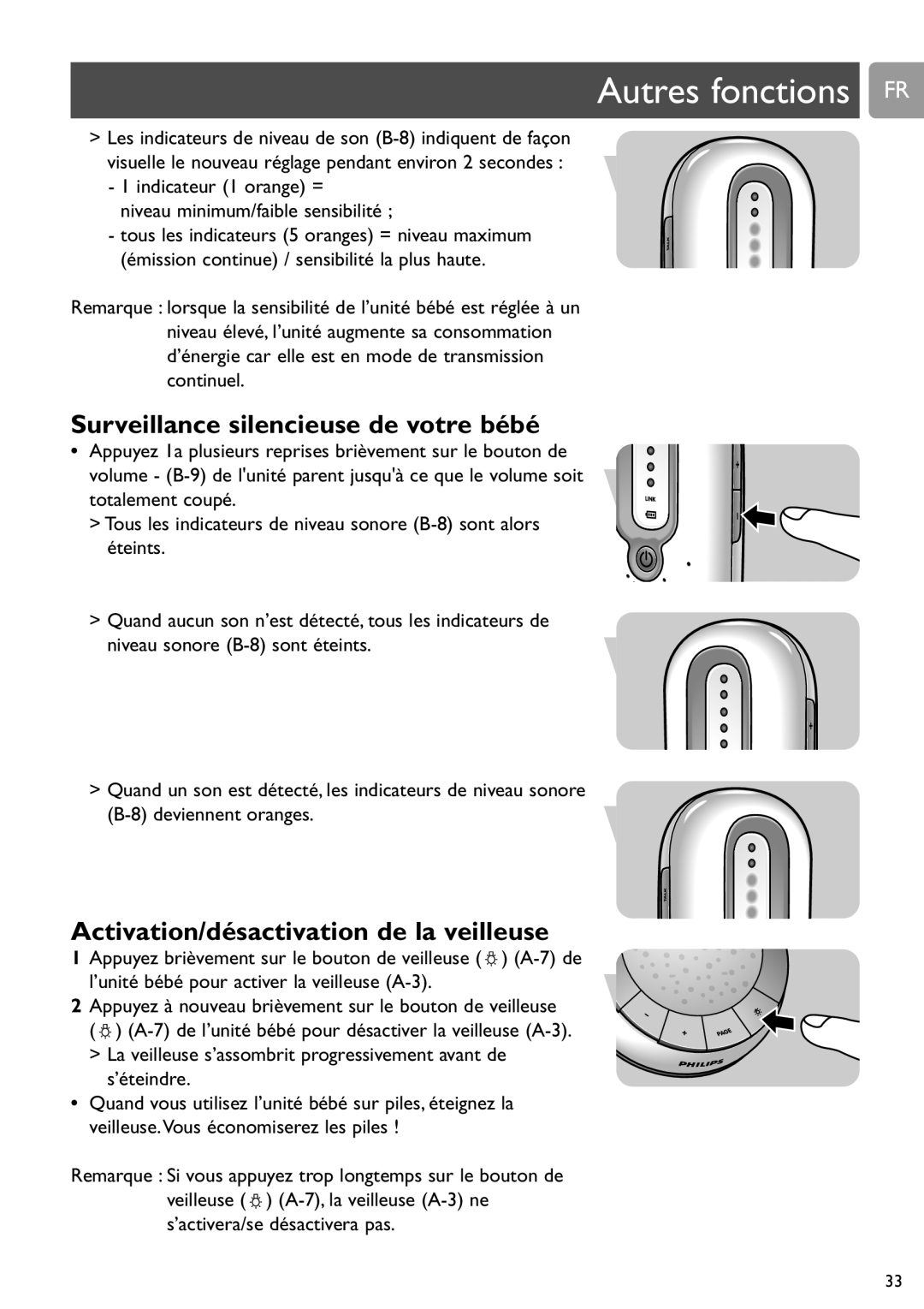 Philips SCD588/54 Autres fonctions FR, Surveillance silencieuse de votre bébé, Activation/désactivation de la veilleuse 