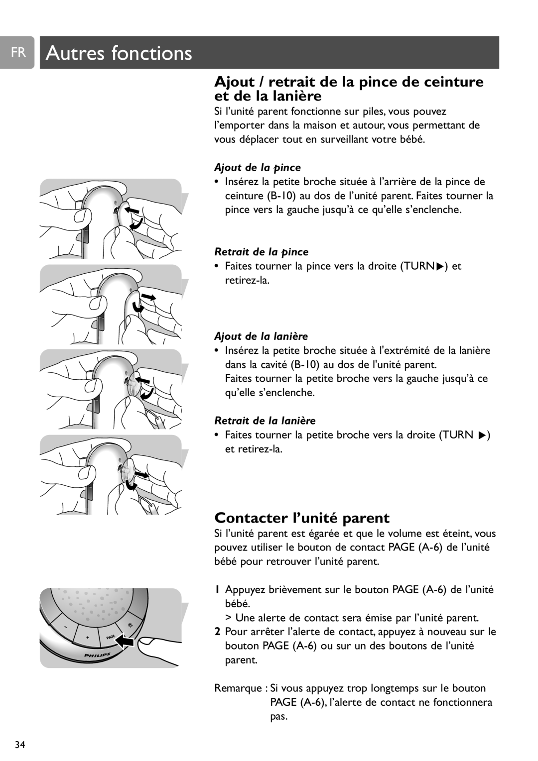 Philips SCD588/54 user manual Ajout / retrait de la pince de ceinture et de la lanière, Contacter l’unité parent 