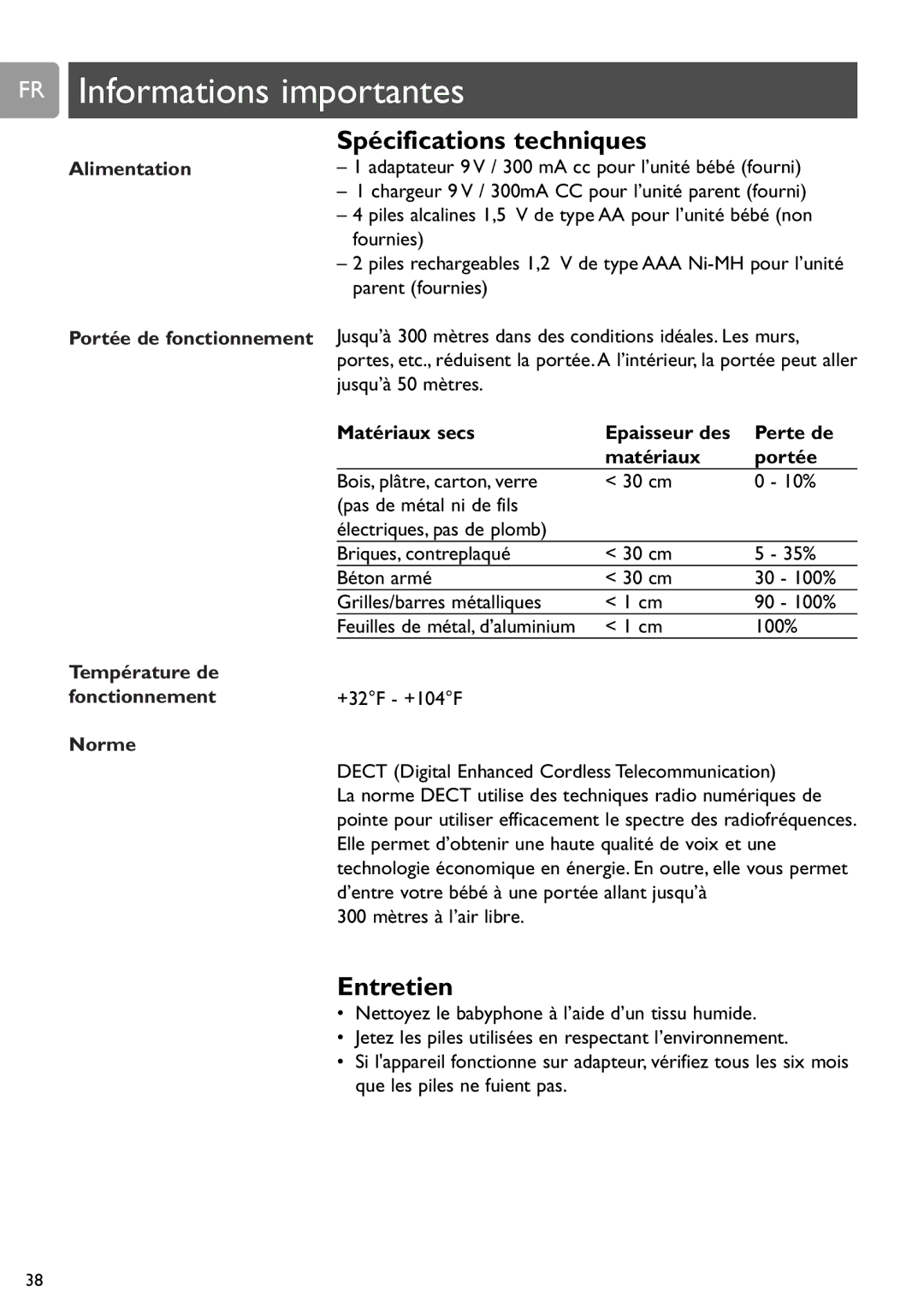 Philips SCD588/54 user manual FR Informations importantes, Spécifications techniques, Entretien, Alimentation 