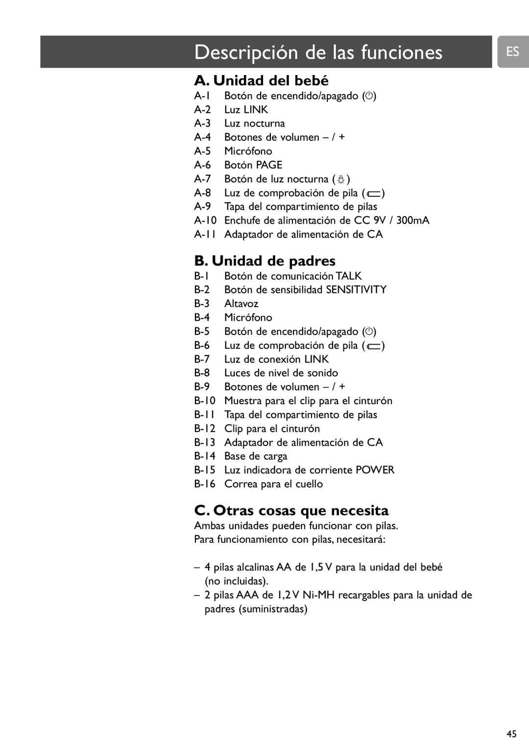 Philips SCD588/54 user manual Descripción de las funciones, Unidad del bebé, Unidad de padres, Otras cosas que necesita 