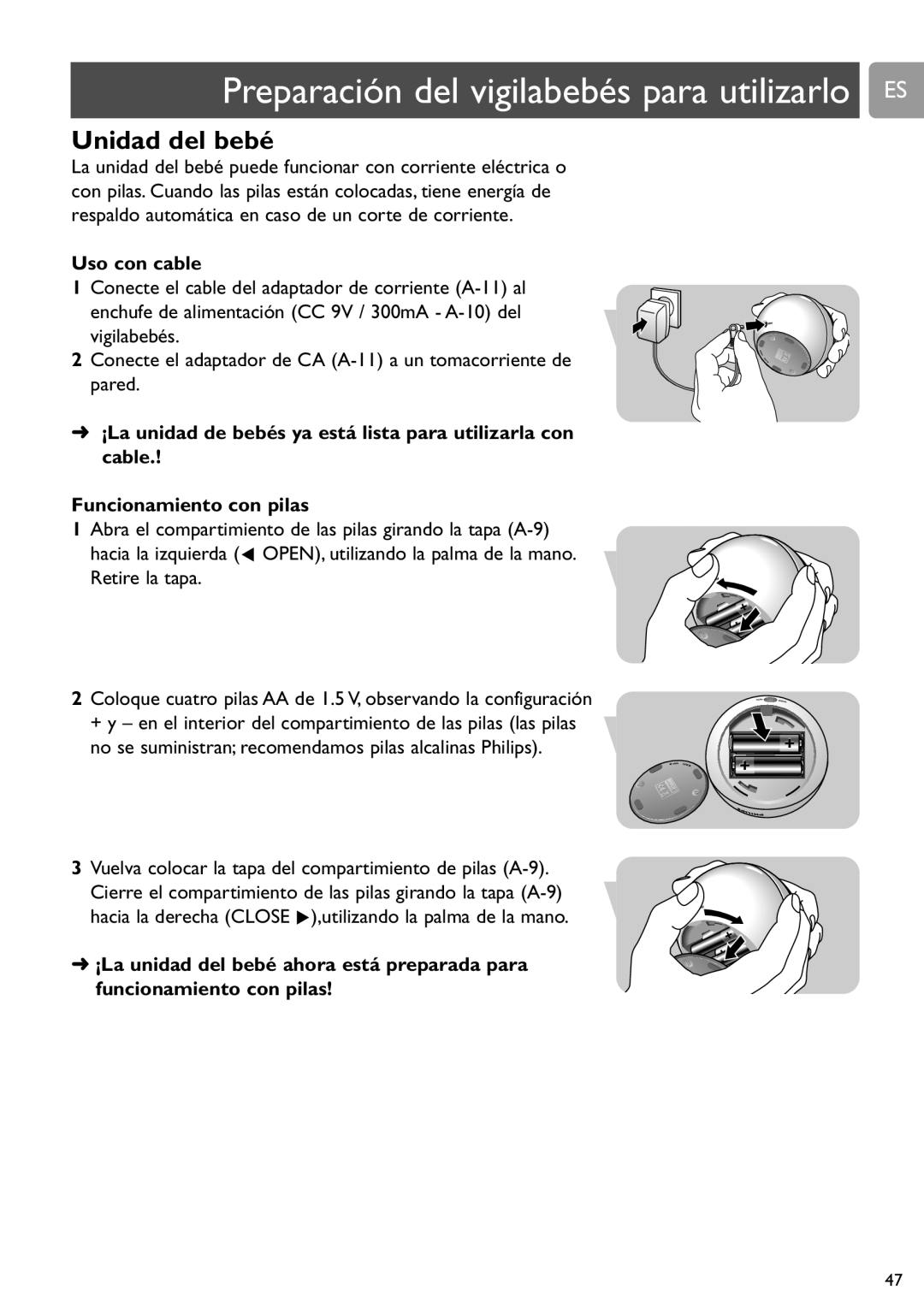 Philips SCD588/54 user manual Preparación del vigilabebés para utilizarlo ES, Uso con cable 