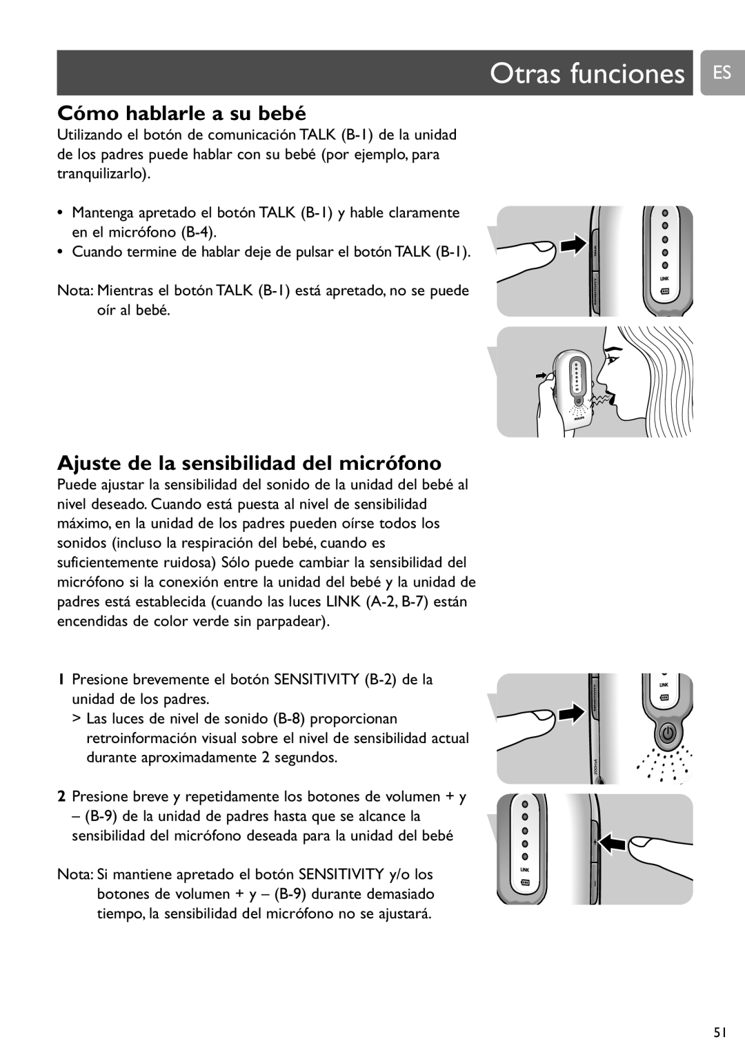 Philips SCD588/54 user manual Otras funciones ES, Cómo hablarle a su bebé, Ajuste de la sensibilidad del micrófono 