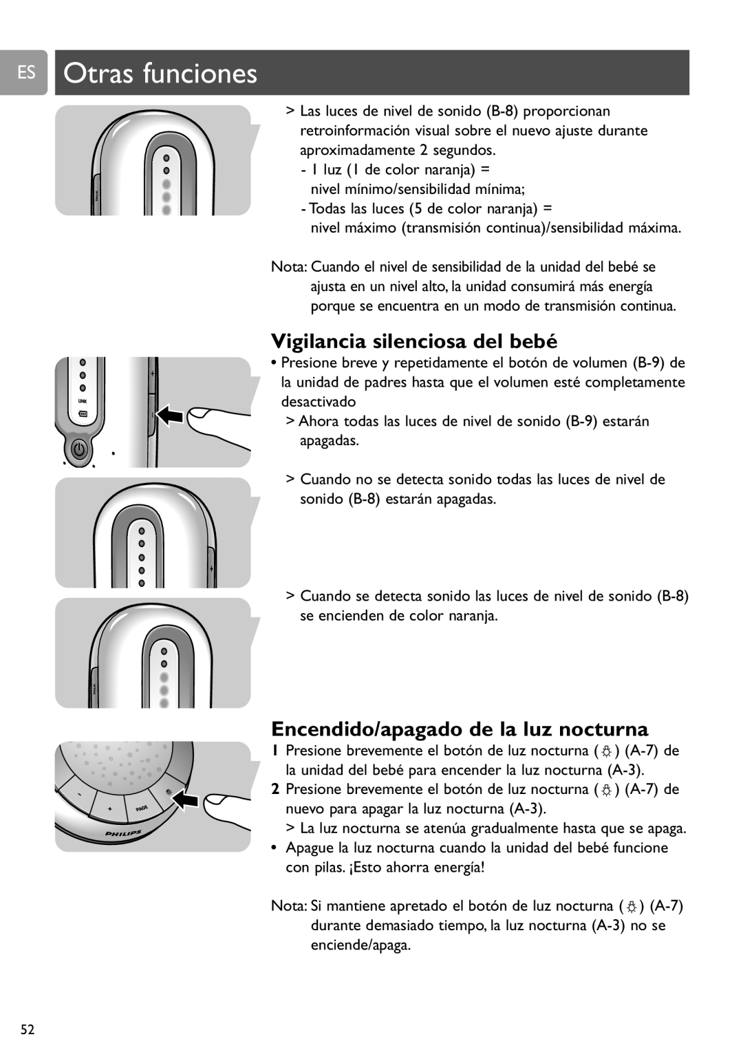 Philips SCD588/54 user manual ES Otras funciones, Vigilancia silenciosa del bebé, Encendido/apagado de la luz nocturna 