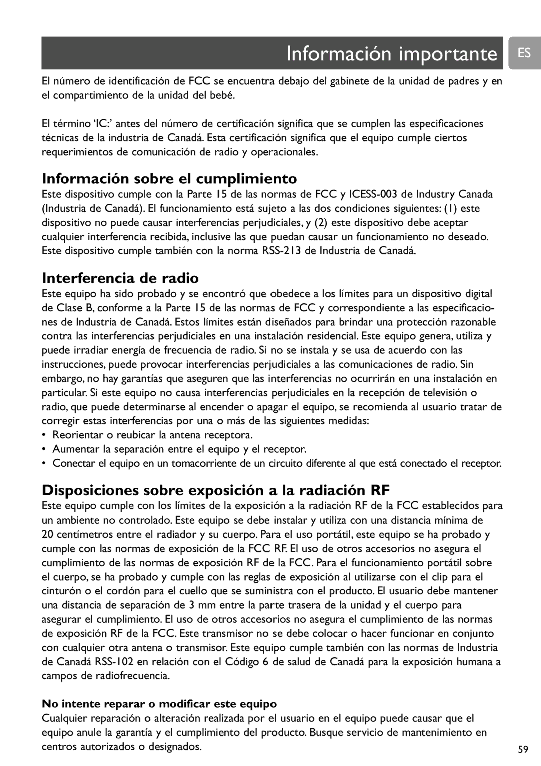 Philips SCD588/54 Información sobre el cumplimiento, Interferencia de radio, No intente reparar o modificar este equipo 